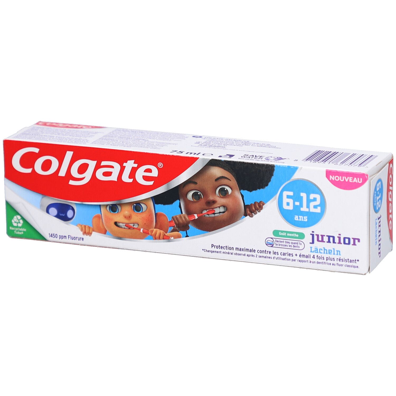Zahnpasta-Verpackung. Weiß, rot und blau. Aufdruck: Colgate, Junior 6-12 Jahre, 1450 ppm Fluorid. Abbildung von zwei Cartoon-Kindern.