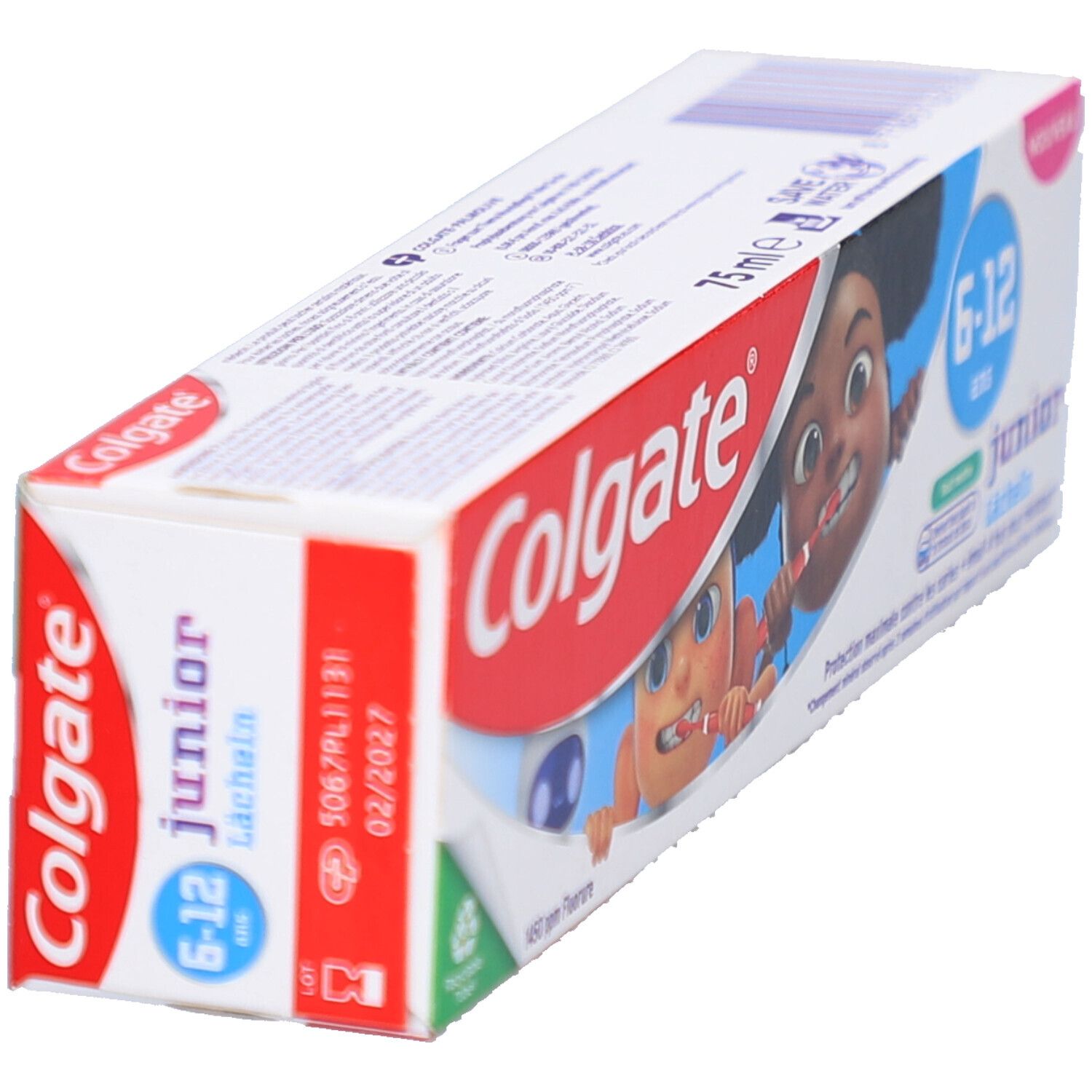 Zahnpasta-Verpackung, schräg. Weiß, rot und blau. Aufdruck: Colgate, Junior 6-12 Jahre. Abbildung von zwei Cartoon-Kindern. Mit Aufdruck 02/2027.