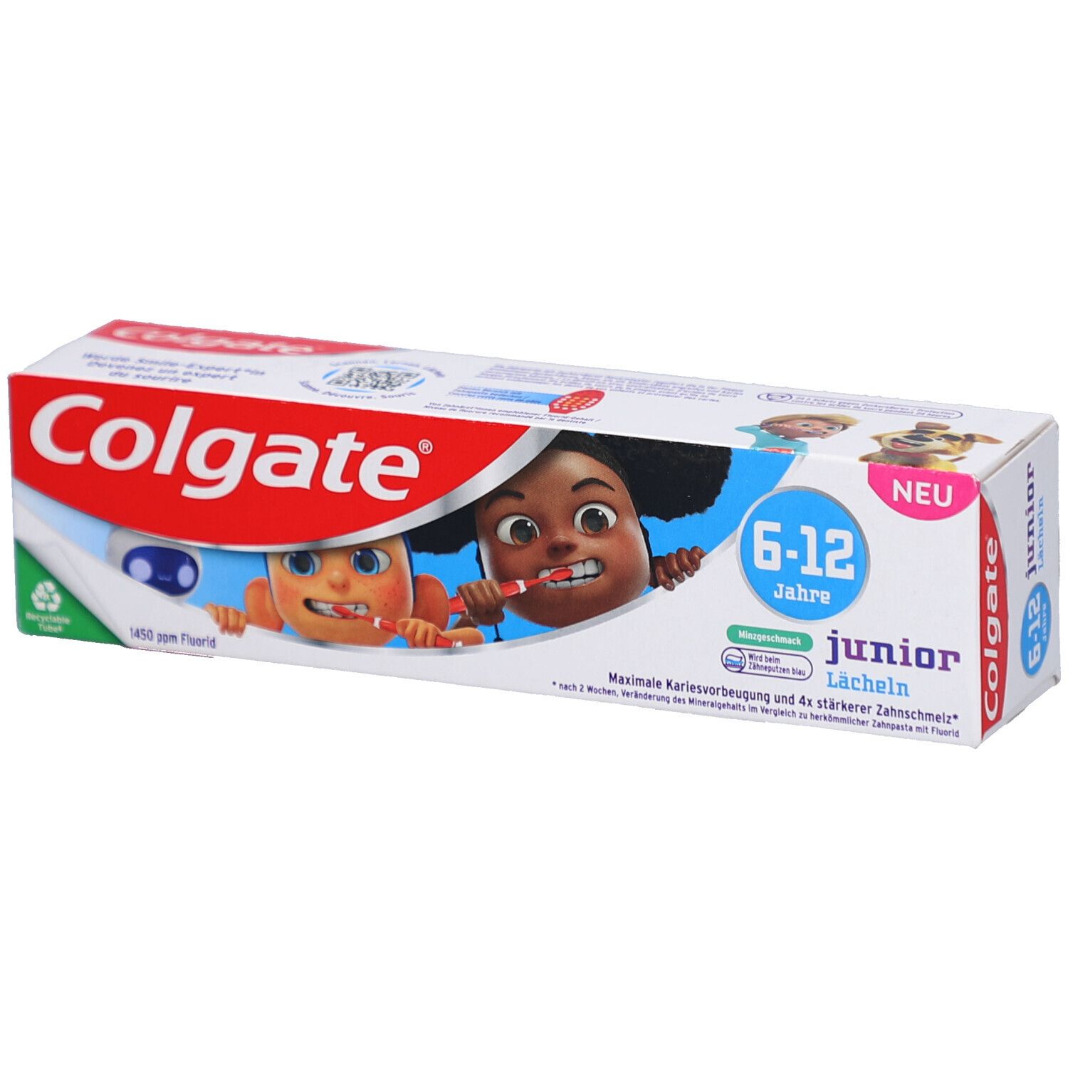 Zahnpasta-Verpackung. Weiß, rot und blau. Aufdruck: Colgate, Junior 6-12 Jahre, 1450 ppm Fluorid. Abbildung von zwei Cartoon-Kindern.