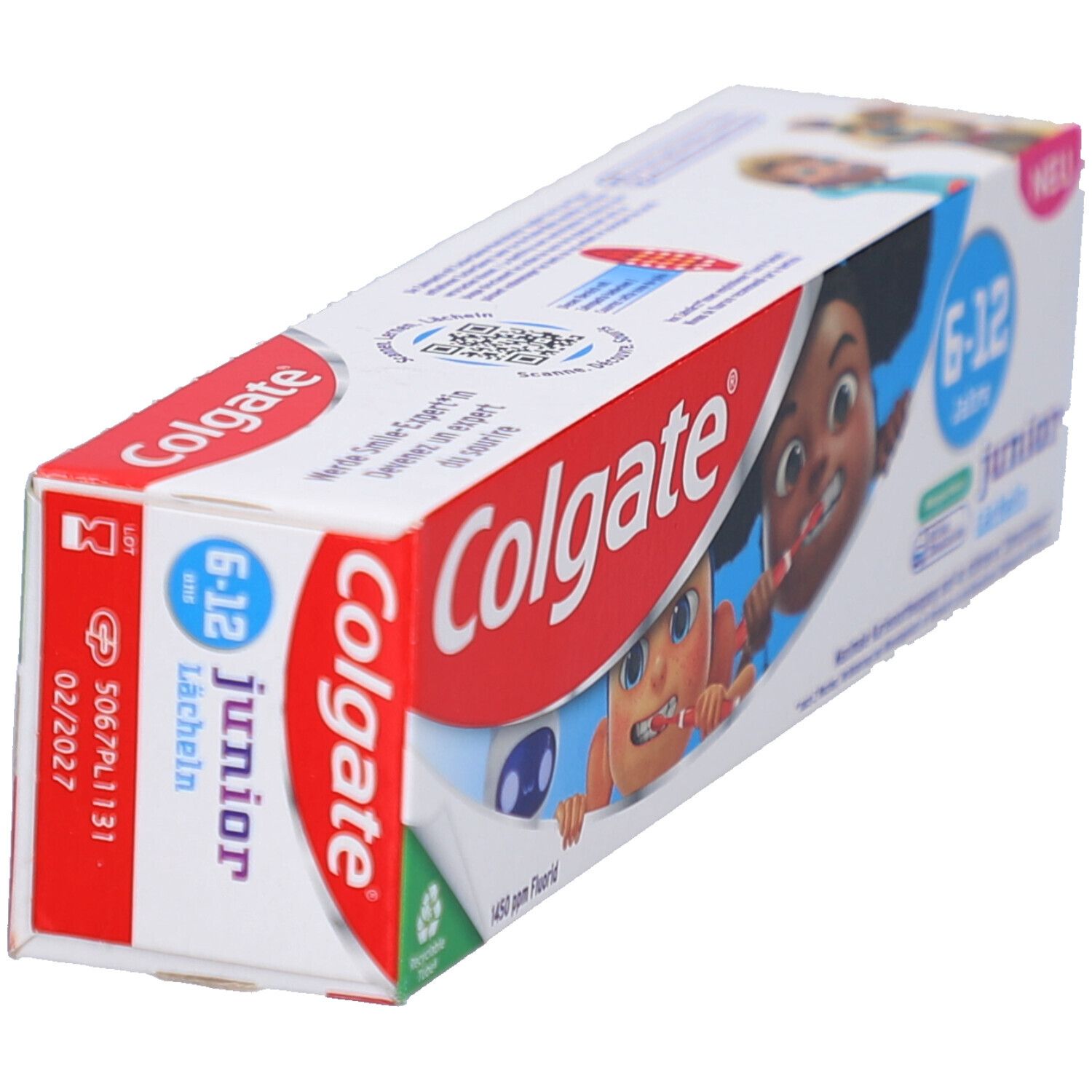 Zahnpasta-Verpackung, schräg. Weiß, rot und blau. Aufdruck: Colgate, Junior 6-12 Jahre. Abbildung von zwei Cartoon-Kindern. Mit Aufdruck 02/2027.