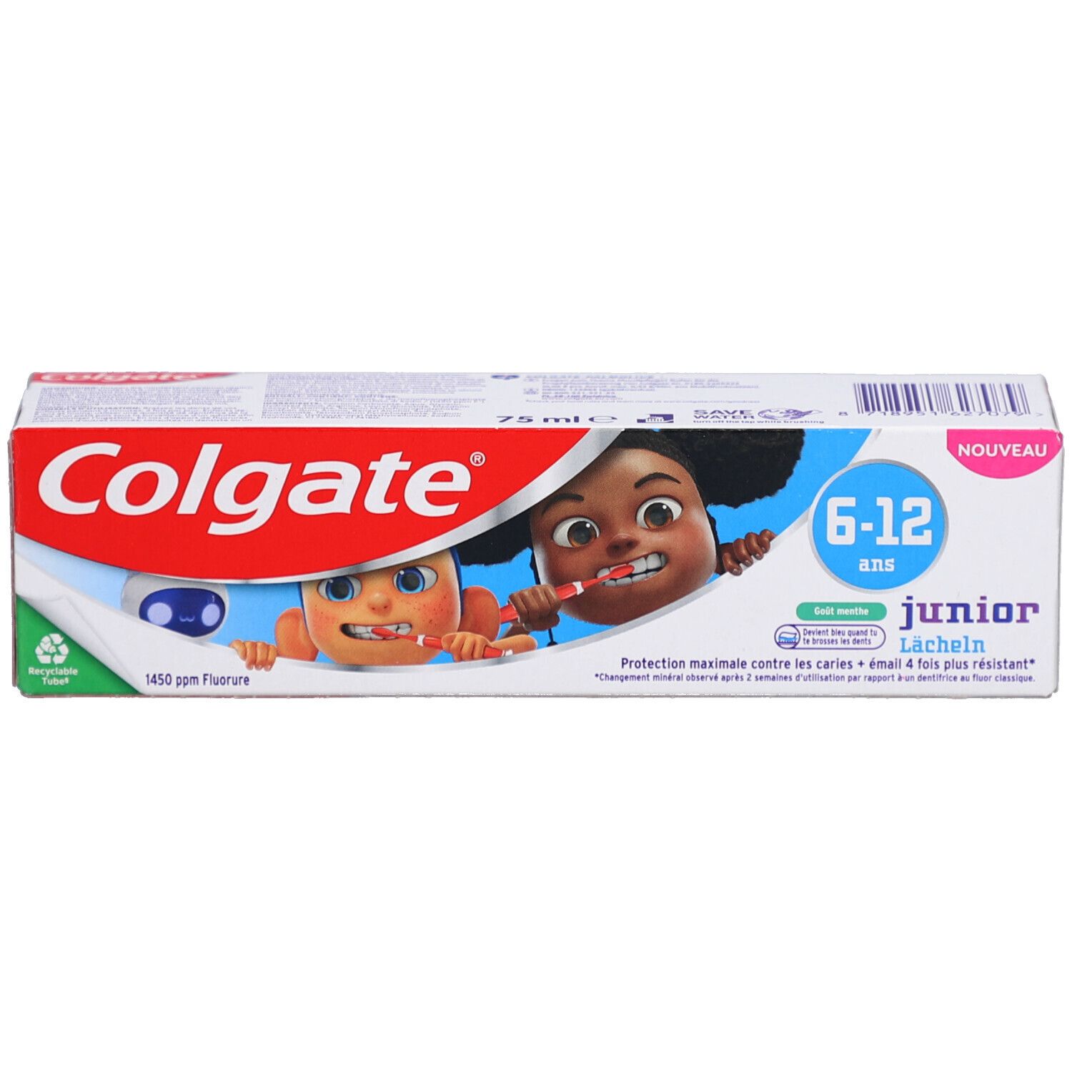 Zahnpasta-Verpackung. Weiß, rot und blau. Aufdruck: Colgate, Junior 6-12 Jahre, 1450 ppm Fluorid. Abbildung von zwei Cartoon-Kindern.