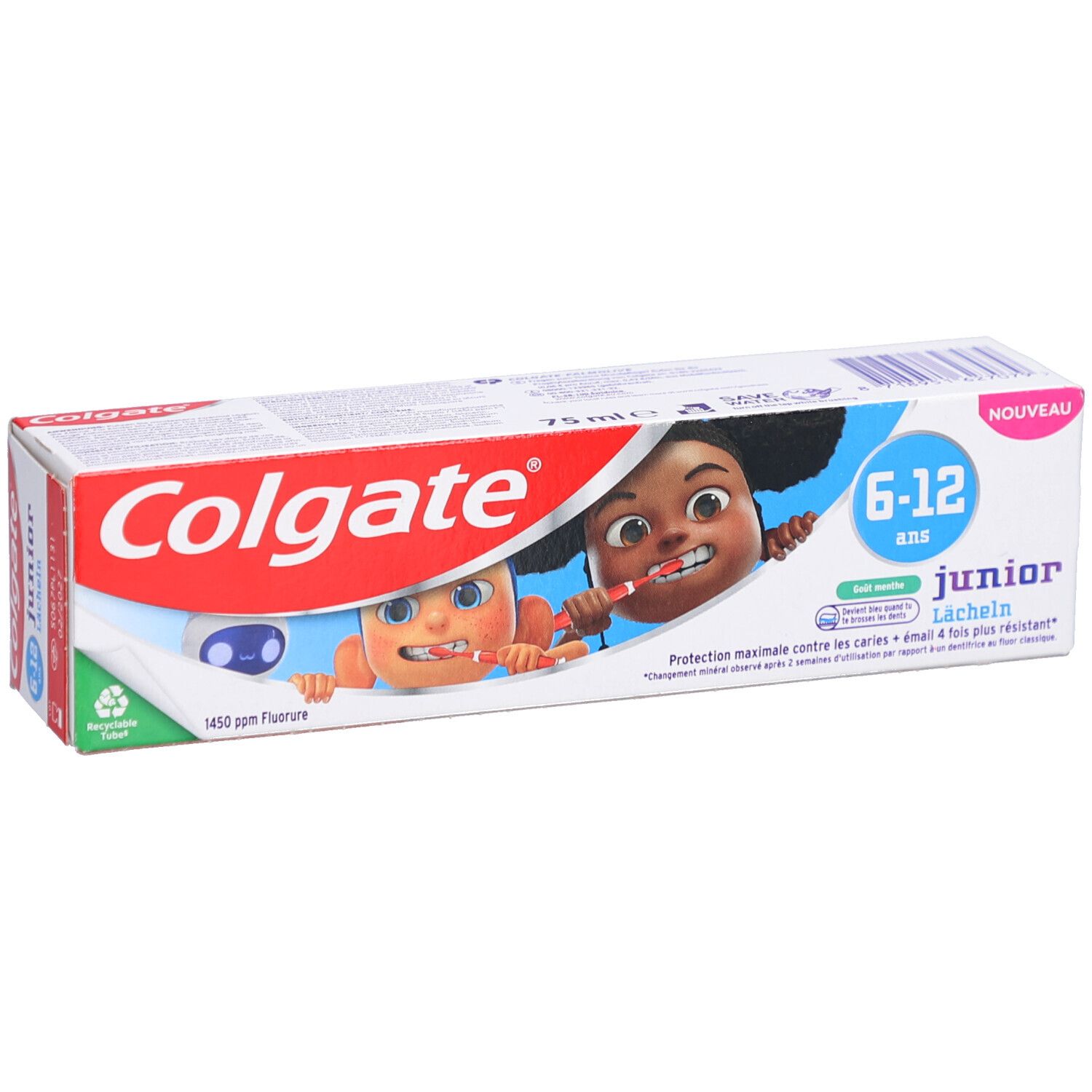Zahnpasta-Verpackung. Weiß, rot und blau. Aufdruck: Colgate, Junior 6-12 Jahre, 1450 ppm Fluorid. Abbildung von zwei Cartoon-Kindern.