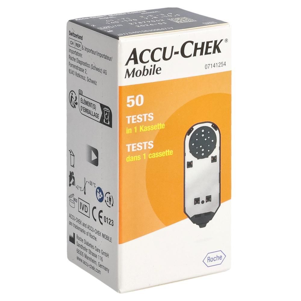 Verpackung von ACCU-CHEK Mobile. Enthält 50 Tests in einer Kassette. Aufdrucke: ACCU-CHEK, Mobile, Roche, CE-Kennzeichnung.