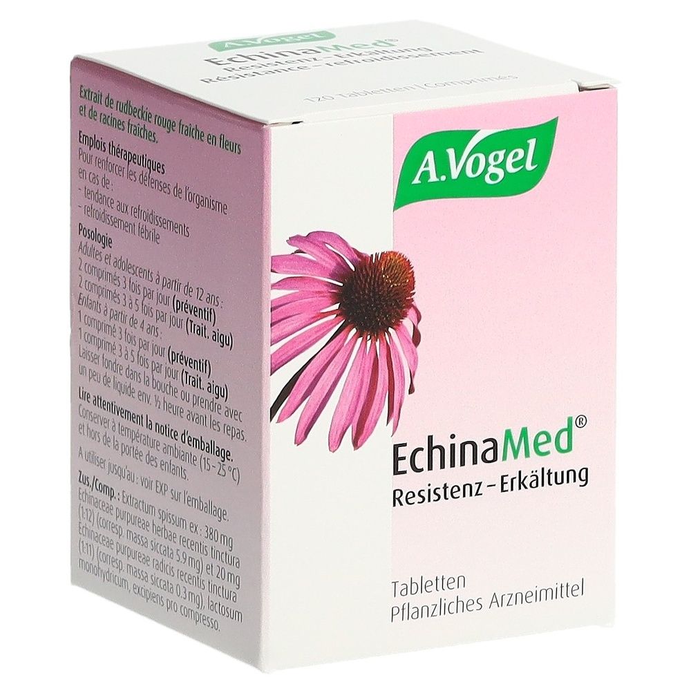 Weiß-rosa Schachtel mit Produktnamen EchinaMed und A. Vogel Logo. Abbildung einer lila Blüte. Text in Deutsch.