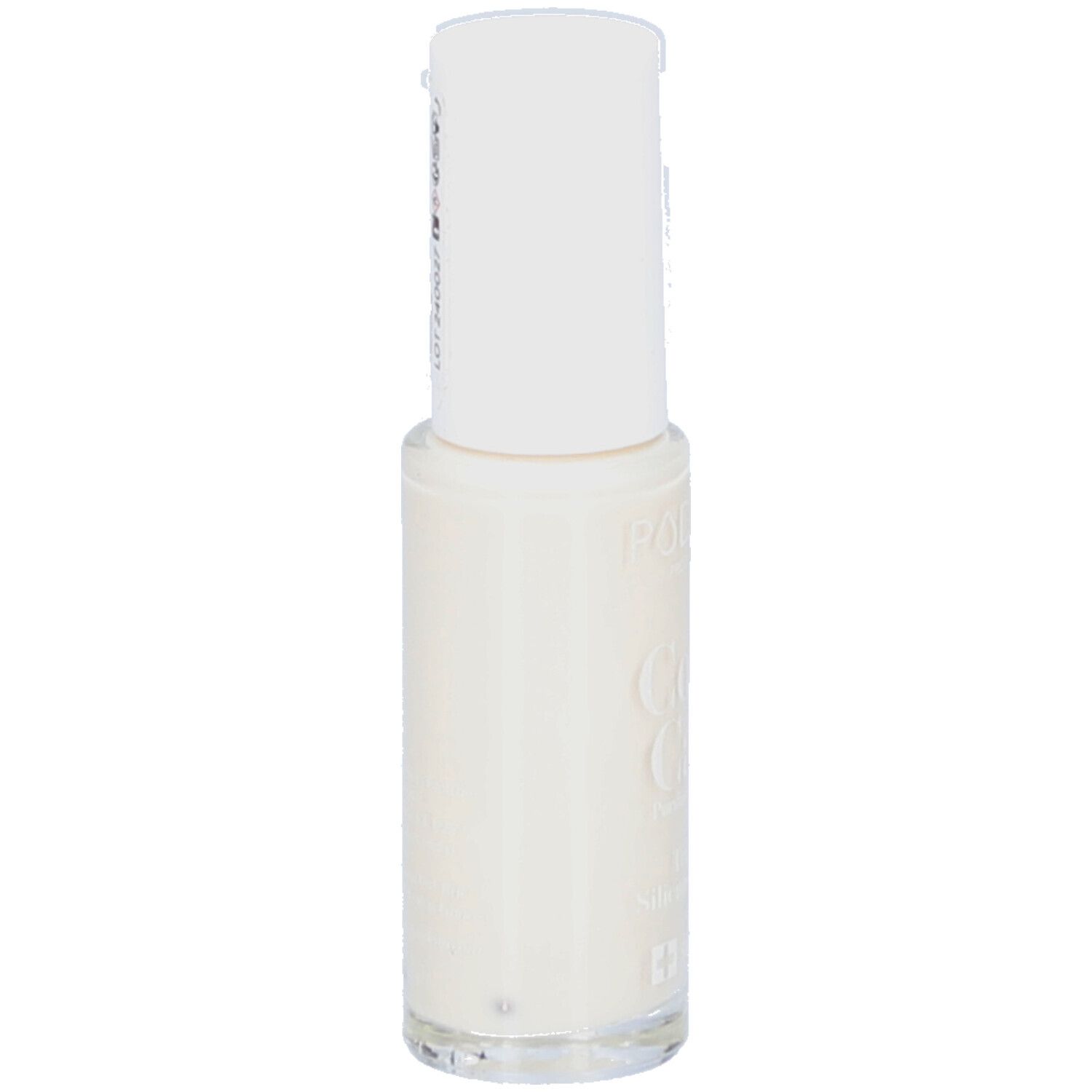 Flacon de vernis à ongles avec bouchon blanc. Inscription : PODERM Color Care Blanc perlé. Flacon en verre transparent.