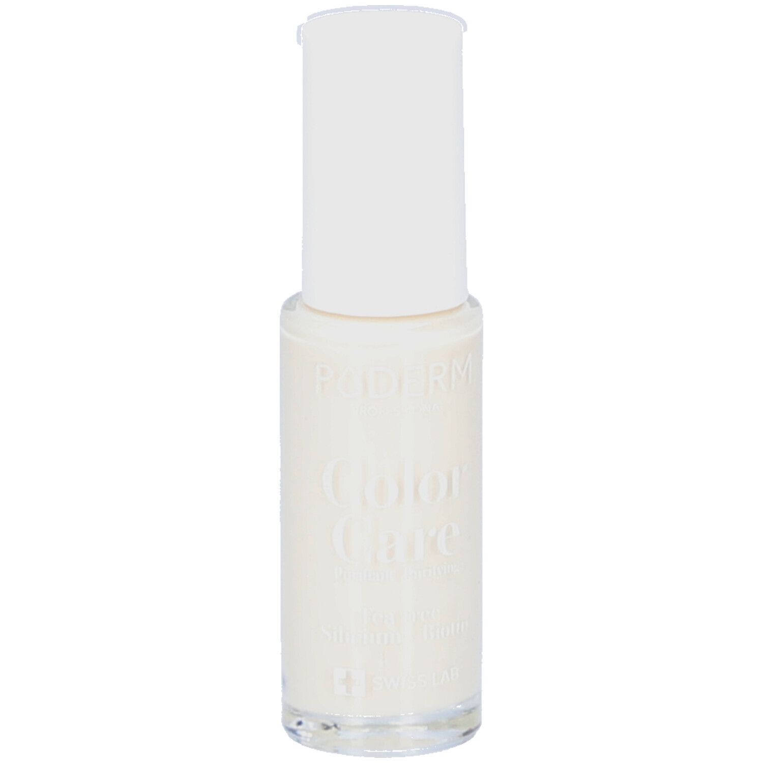 Flacon de vernis à ongles avec bouchon blanc. Inscription : PODERM Color Care Blanc perlé. Flacon en verre transparent.
