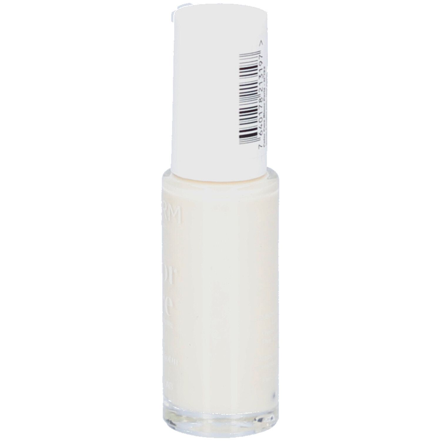 Flacon de vernis à ongles avec bouchon blanc. Inscription : PODERM Color Care Blanc perlé. Code-barres et informations produit.