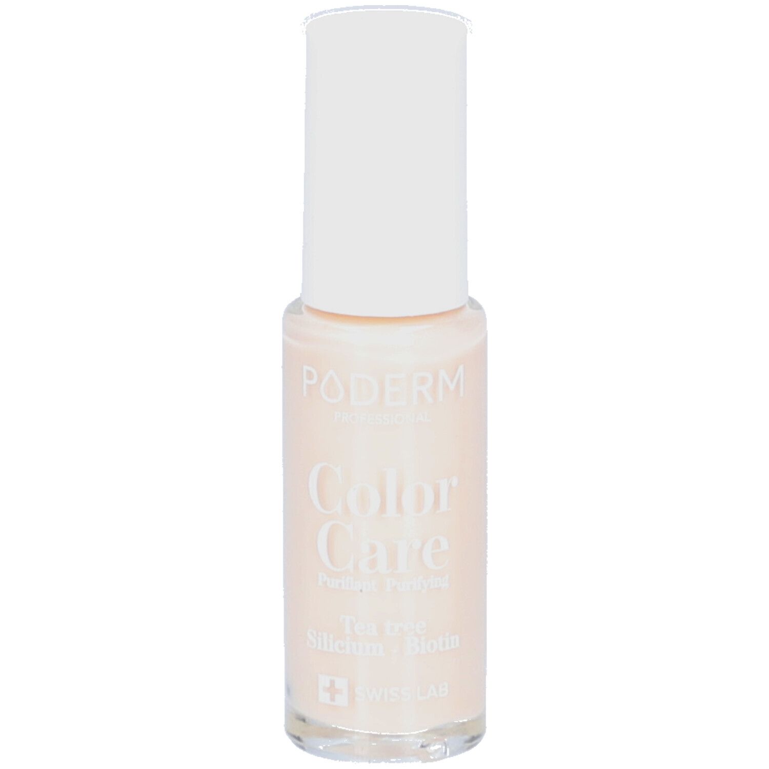 Flacon de vernis à ongles avec bouchon blanc. Inscriptions : PODERM, Color Care, Perfect Finish. Couleur : Nude blush. Contient Tea tree, Silicium, Biotine. Swiss Lab.