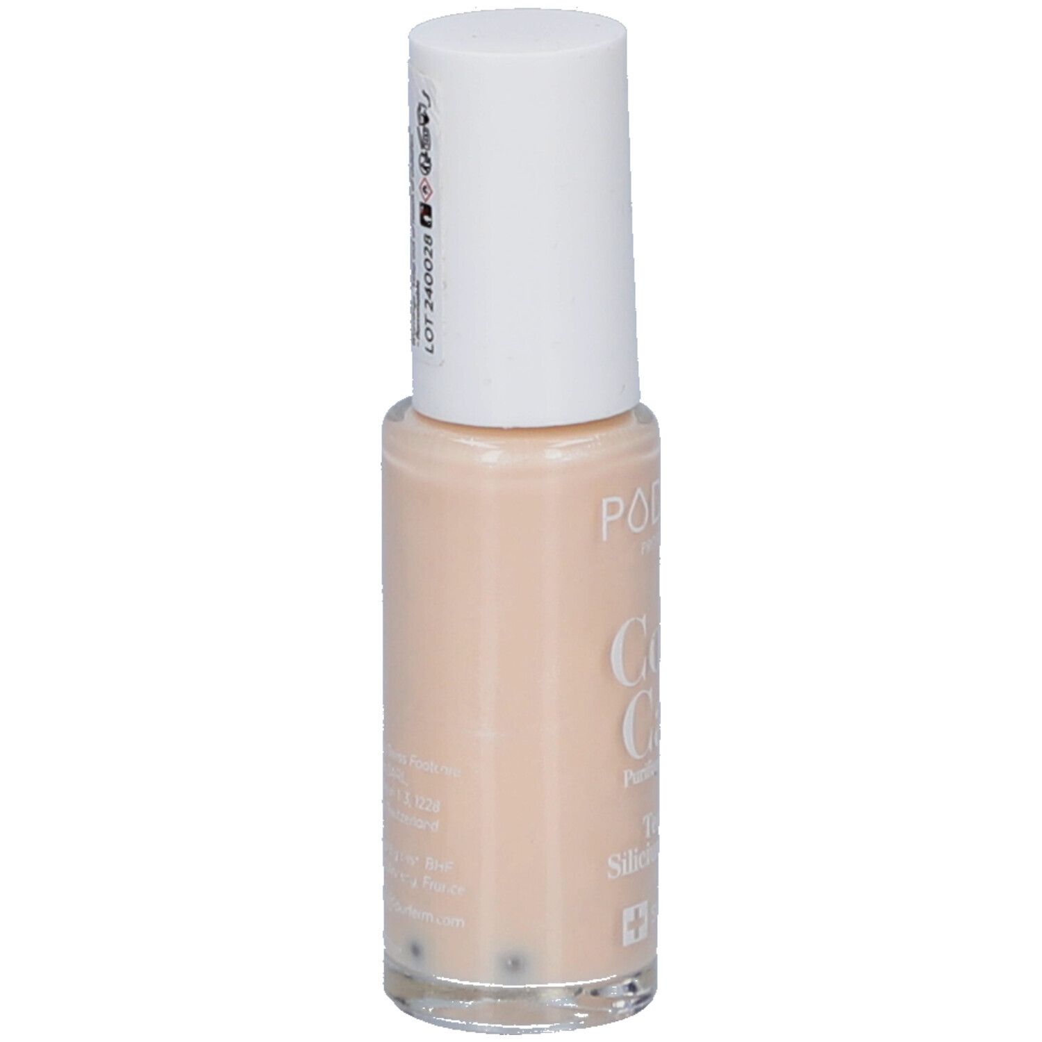 Flacon de vernis à ongles avec bouchon blanc. Couleur : Nude blush. Inscriptions : PODERM, Color Care, Perfect Finish. Contient Tea tree, Silicium, Biotine. Swiss Lab. Code-barres.