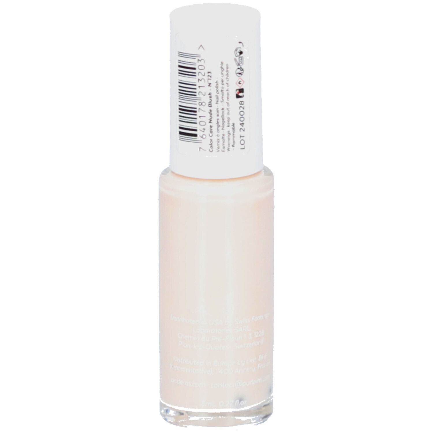 Flacon de vernis à ongles avec bouchon blanc. Couleur : Nude blush. Code-barres et informations sur l'étiquette. Inscription : Color Care Nude blush N°123.