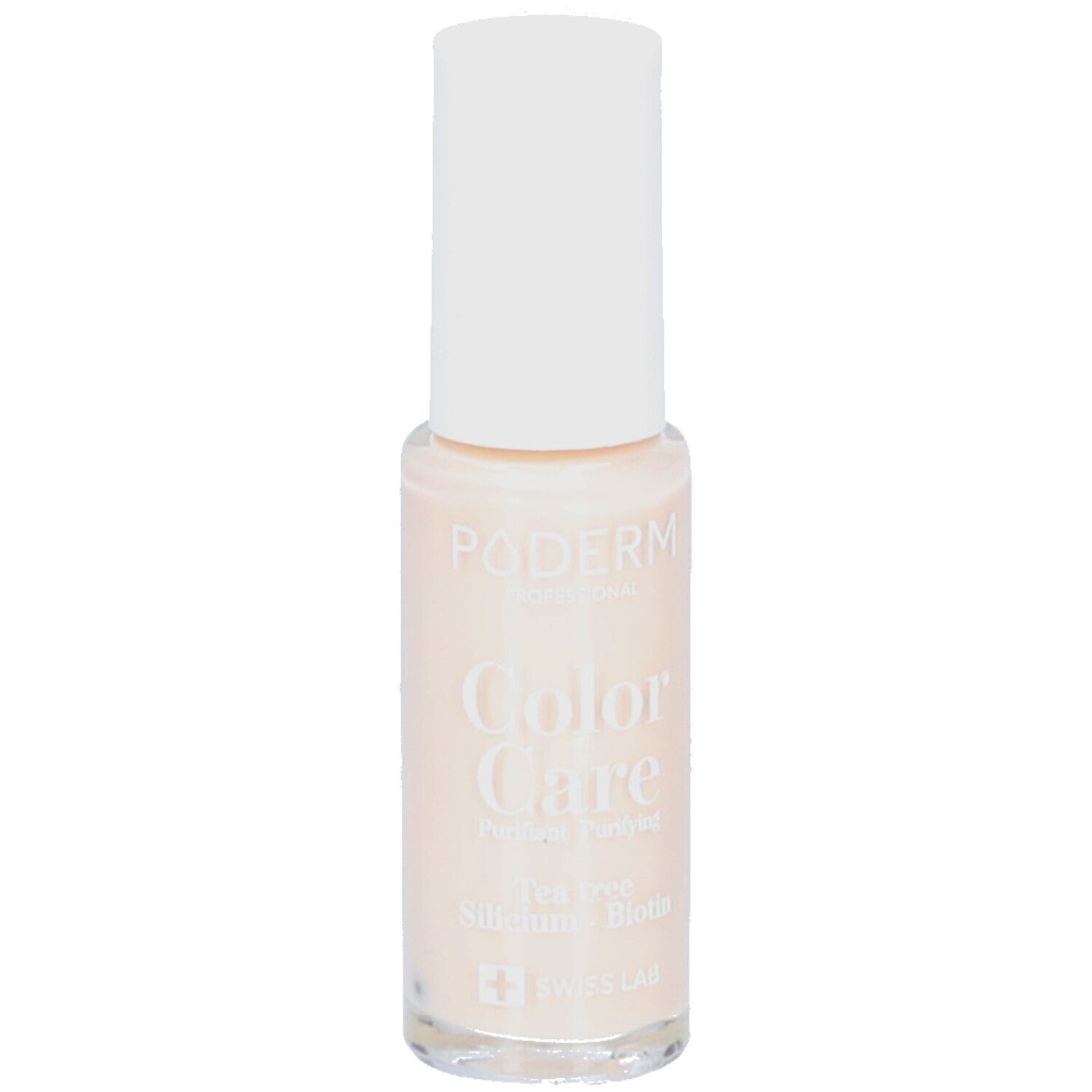 Flacon de vernis à ongles avec bouchon blanc. Inscriptions : PODERM, Color Care, Perfect Finish. Couleur : Nude blush. Contient Tea tree, Silicium, Biotine. Swiss Lab.