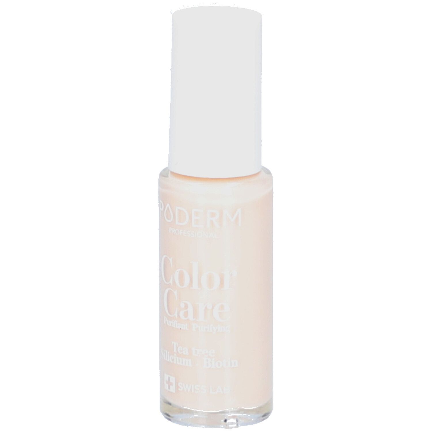Flacon de vernis à ongles avec bouchon blanc. Inscriptions : PODERM, Color Care, Perfect Finish. Couleur : Nude blush. Contient Tea tree, Silicium, Biotine. Swiss Lab.