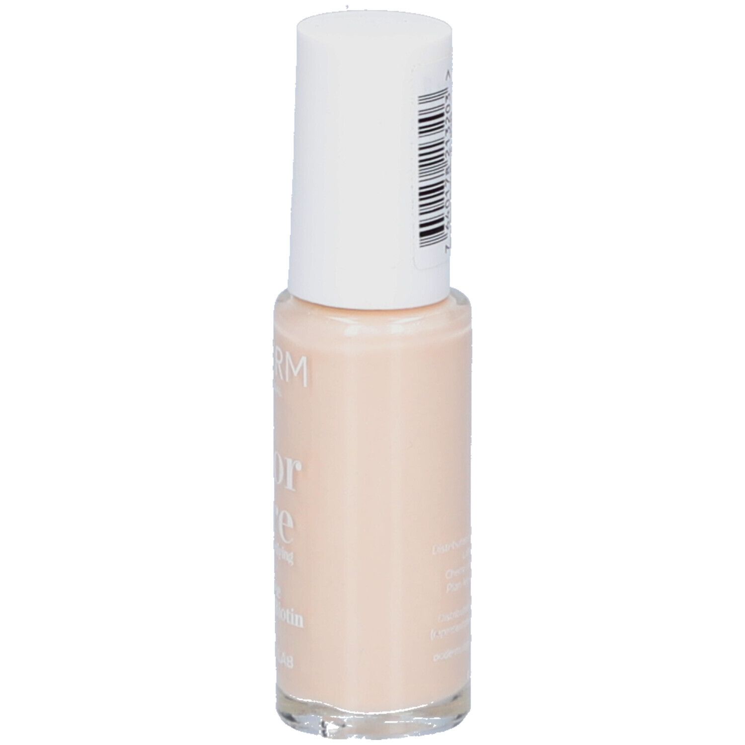 Flacon de vernis à ongles avec bouchon blanc. Couleur : Nude blush. Inscriptions : PODERM, Color Care, Perfect Finish. Contient Tea tree, Silicium, Biotine. Swiss Lab.