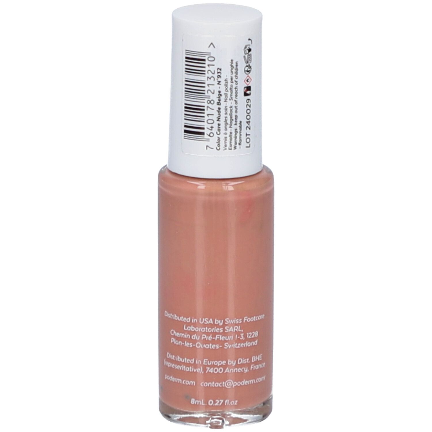 Flacon de vernis à ongles, dos. Inscription : Color Care Nude Beige. Contient 8ml. Informations fabricant. Code-barres.