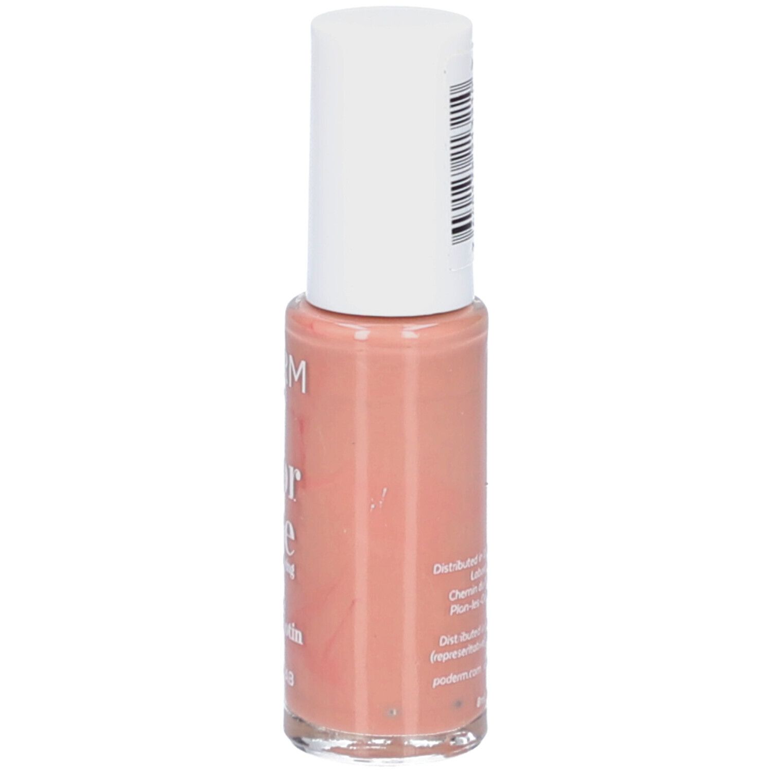 Flacon de vernis à ongles, dos. Inscription : Color Care Nude Beige. Informations fabricant. Code-barres.