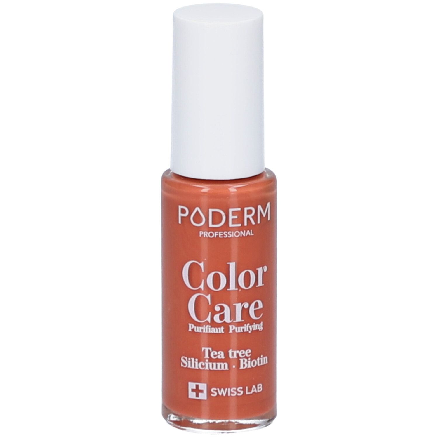 Flacon de vernis à ongles avec bouchon blanc. Inscriptions: PODERM, Color Care, Purifiant, Tea tree, Silicium, Biotin, Swiss Lab.