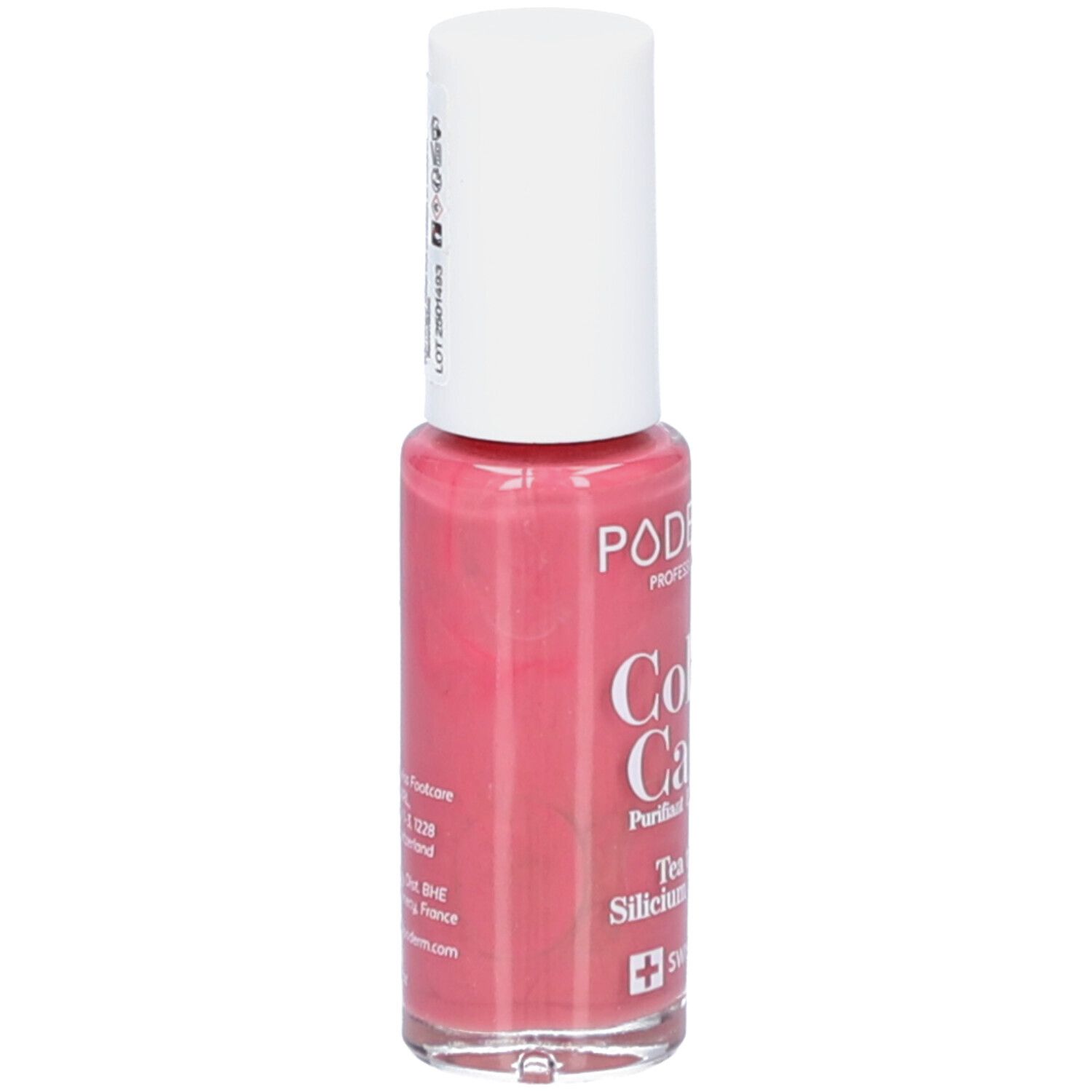 Flacon de vernis à ongles avec bouchon blanc. Teinte rose. Inscription : PODERM PROFESSIONAL Color Care. Détails sur l'étiquette.