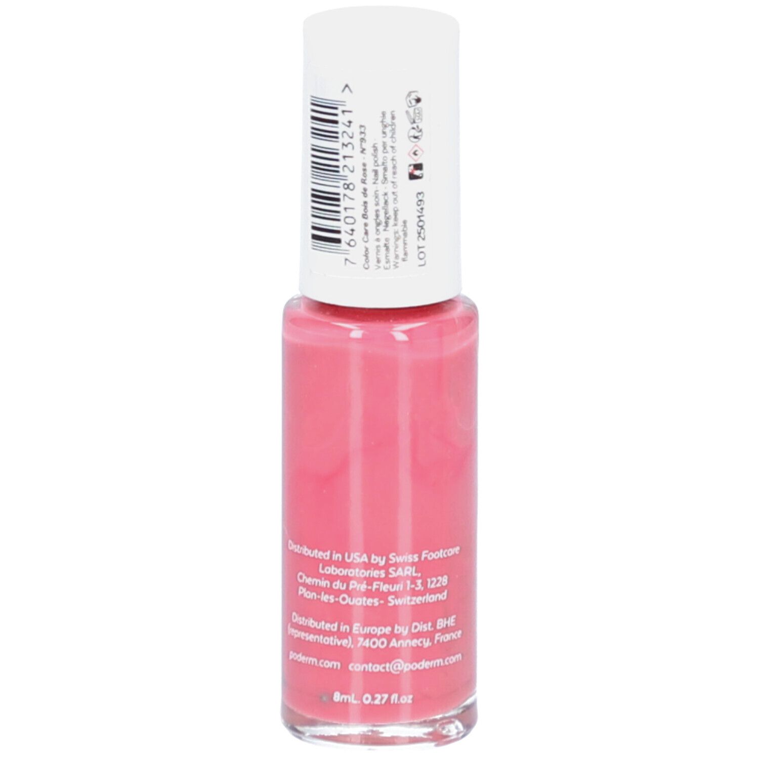 Flacon de vernis à ongles avec bouchon blanc. Dos avec code-barres et texte. Volume : 8ml, 0.27 fl oz.