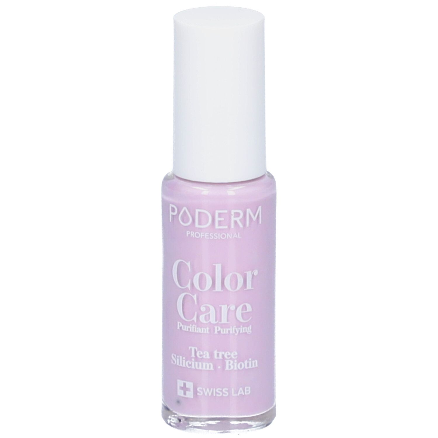 Flacon de vernis à ongles lilas. Bouchon blanc. Inscriptions: PODERM, Color Care, Tea tree, Silicium, Biotin. Logo Swiss Lab.