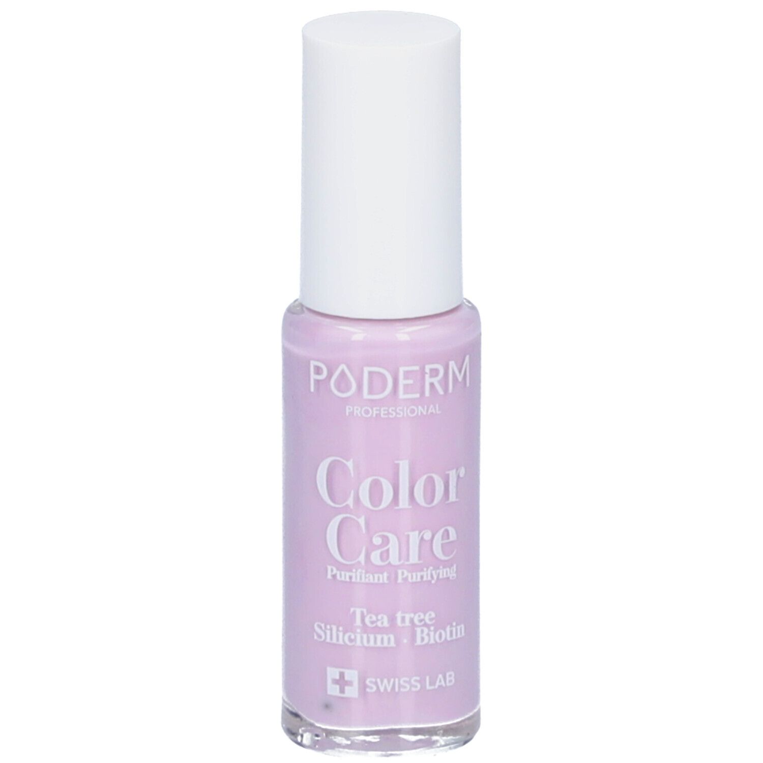 Flacon de vernis à ongles lilas. Bouchon blanc. Inscriptions: PODERM, Color Care, Tea tree, Silicium, Biotin. Logo Swiss Lab.