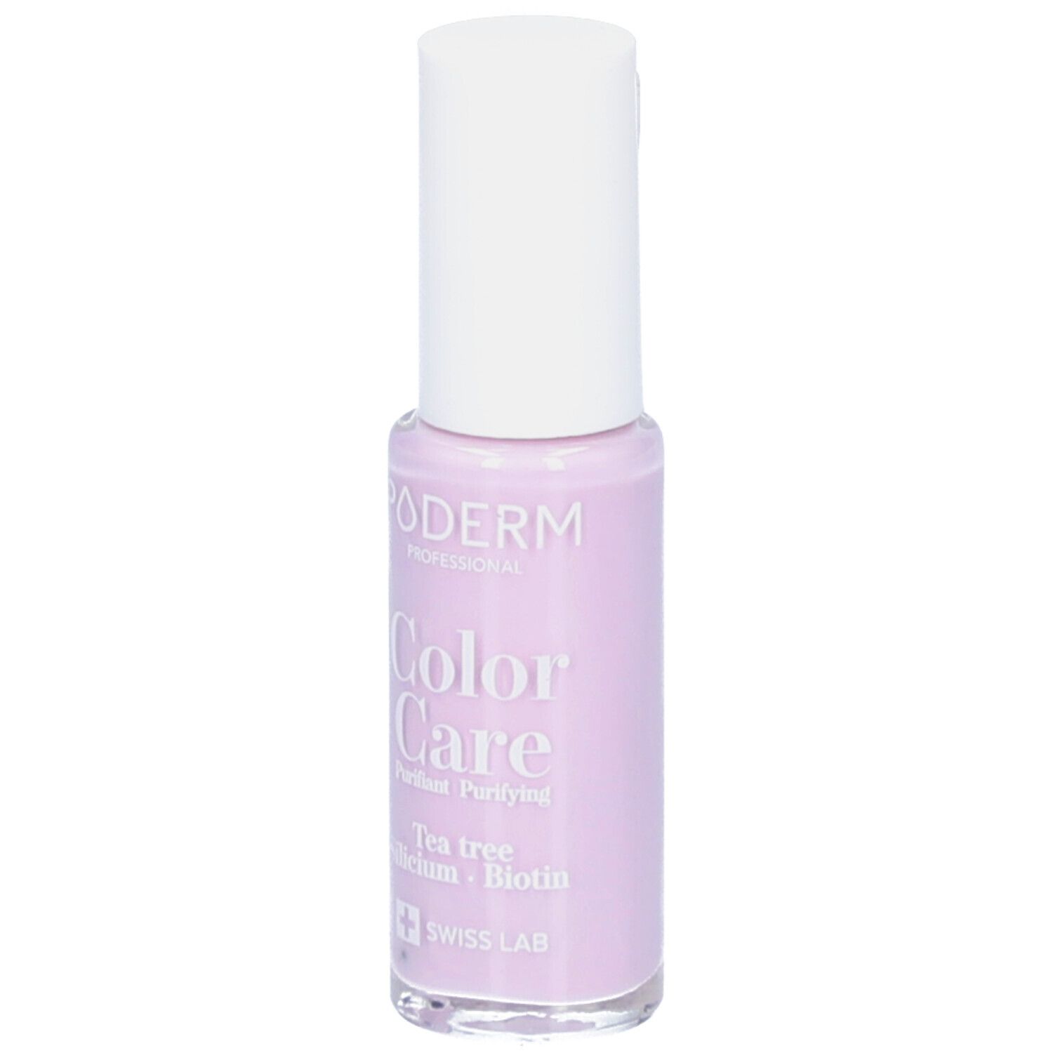 Flacon de vernis à ongles lilas. Bouchon blanc. Inscriptions: PODERM, Color Care, Tea tree, Silicium, Biotin. Logo Swiss Lab.
