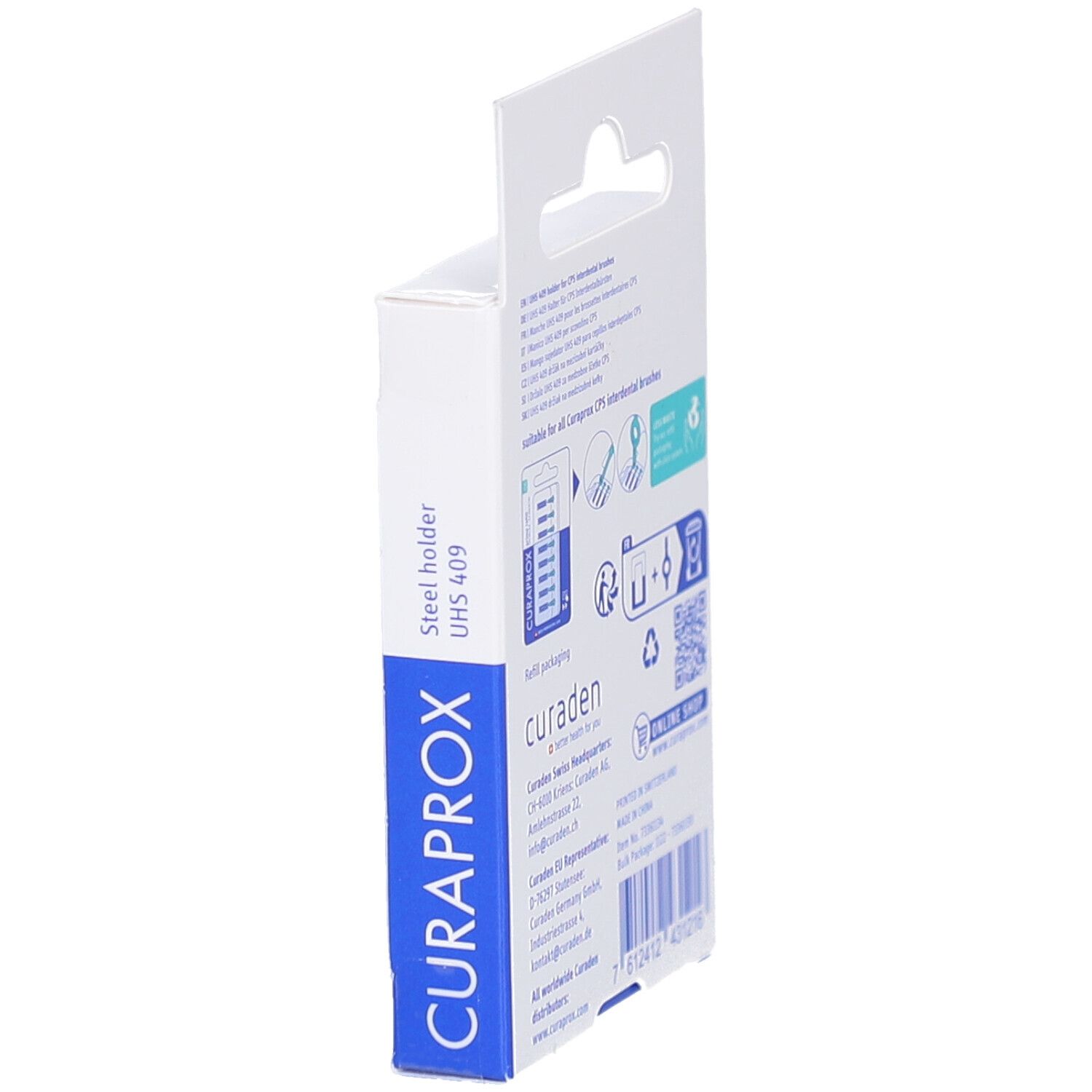 Verpackung von der Seite. Text: Steel holder UHS 409. Marke CURAPROX. Informationen zur Refill-Verpackung.
