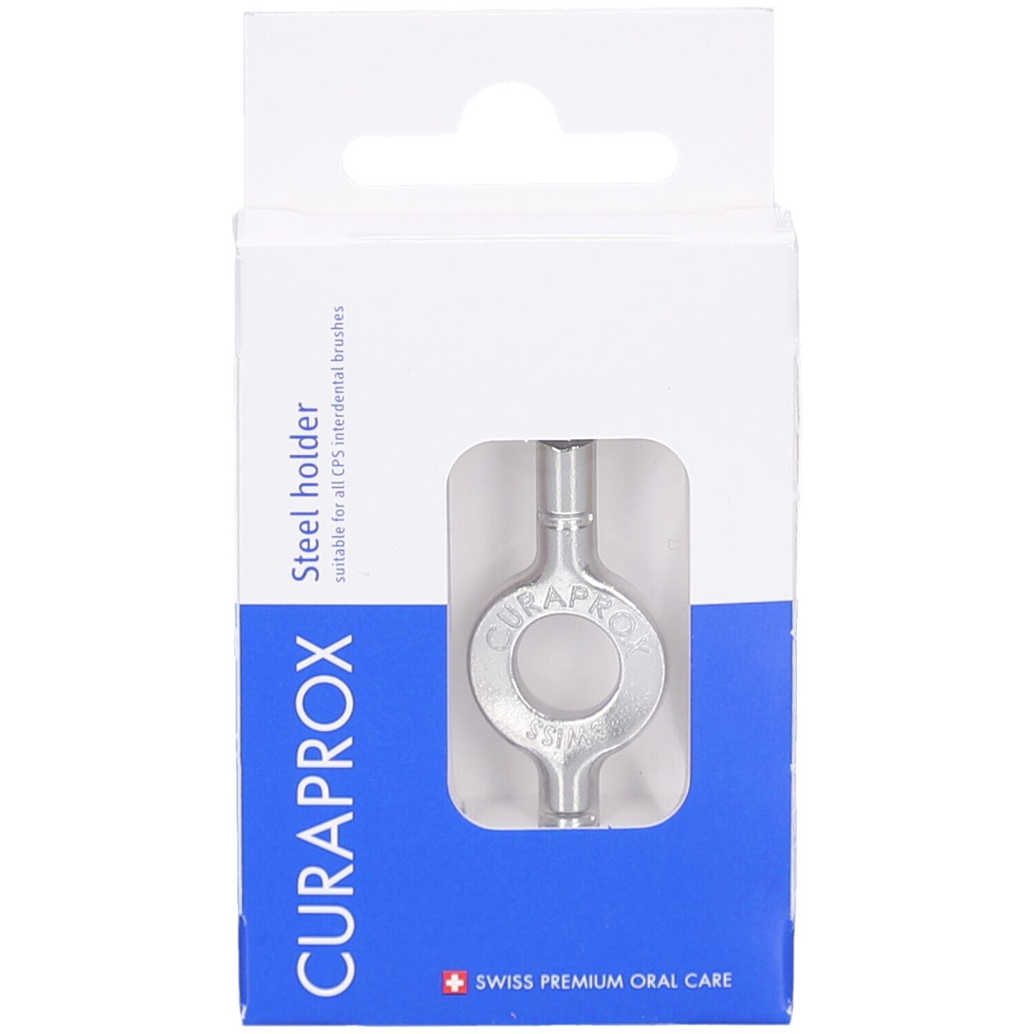 Silberfarbener Stahlhalter in weißer Verpackung mit Sichtfenster. Marke CURAPROX, Text: Steel holder.