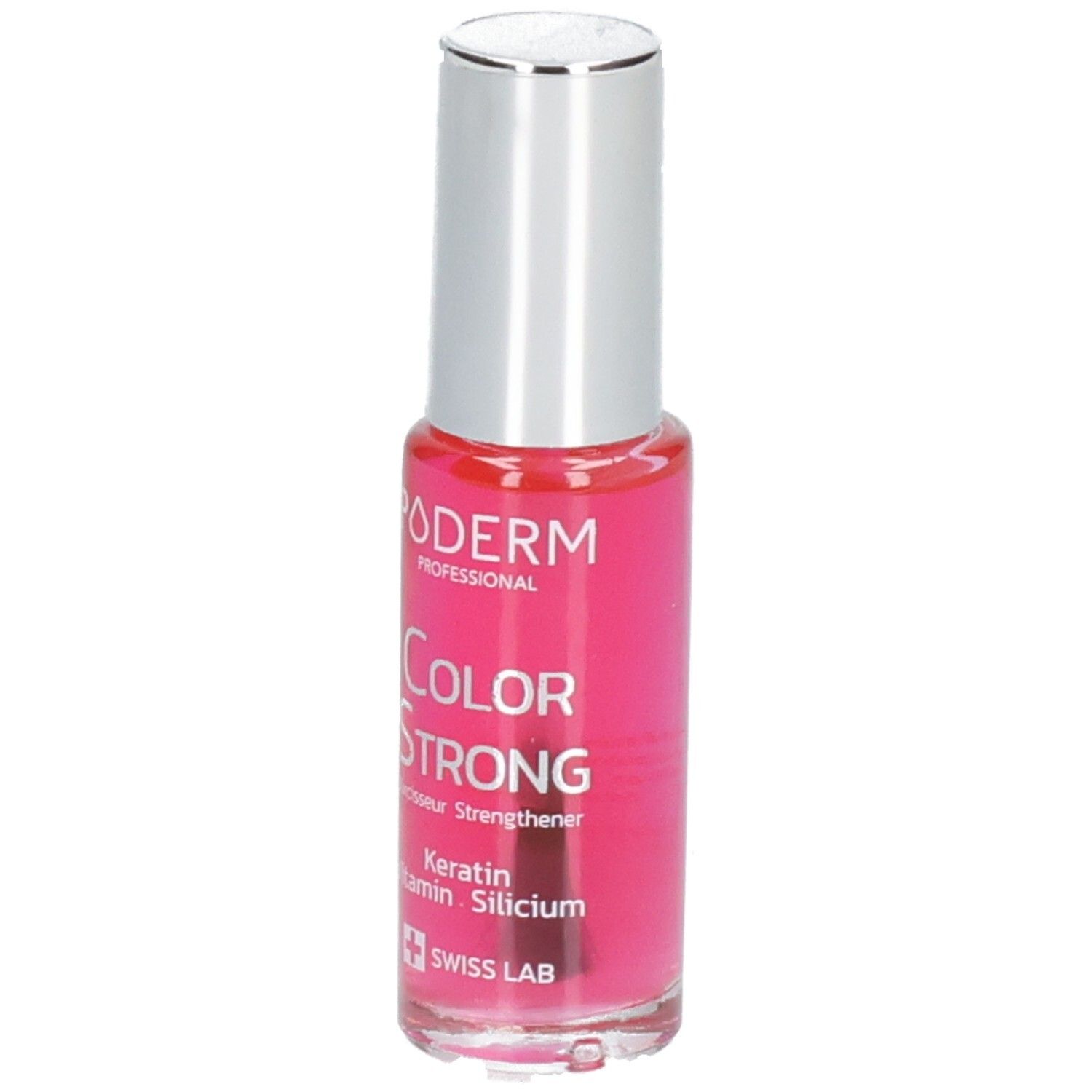 Nagelhärter-Flasche mit silbernem Deckel. Aufschrift: PODERM Color Strong. Enthält Keratin, Vitamin, Silicium. Swiss Lab.