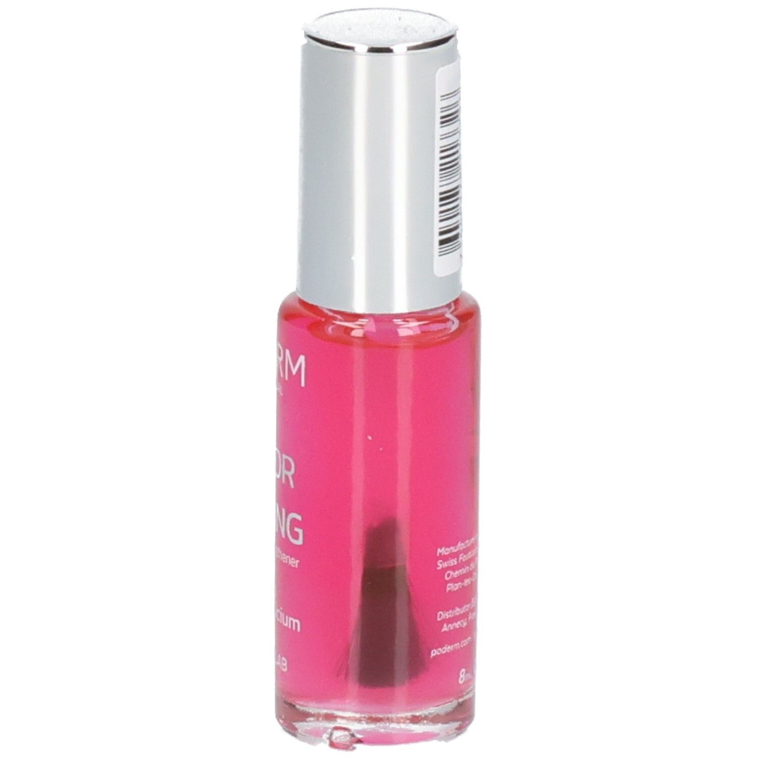 Nagelhärter-Flasche mit silbernem Deckel. Sichtbar: Pinsel. Aufschrift: PODERM Color Strong. Enthält Keratin, Vitamin, Silicium.
