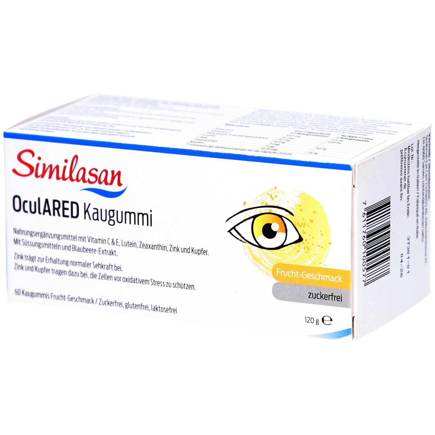 Weiße Schachtel mit Similasan OculARED Kaugummi. Aufdruck: Auge, Frucht-Geschmack, zuckerfrei. 120g.