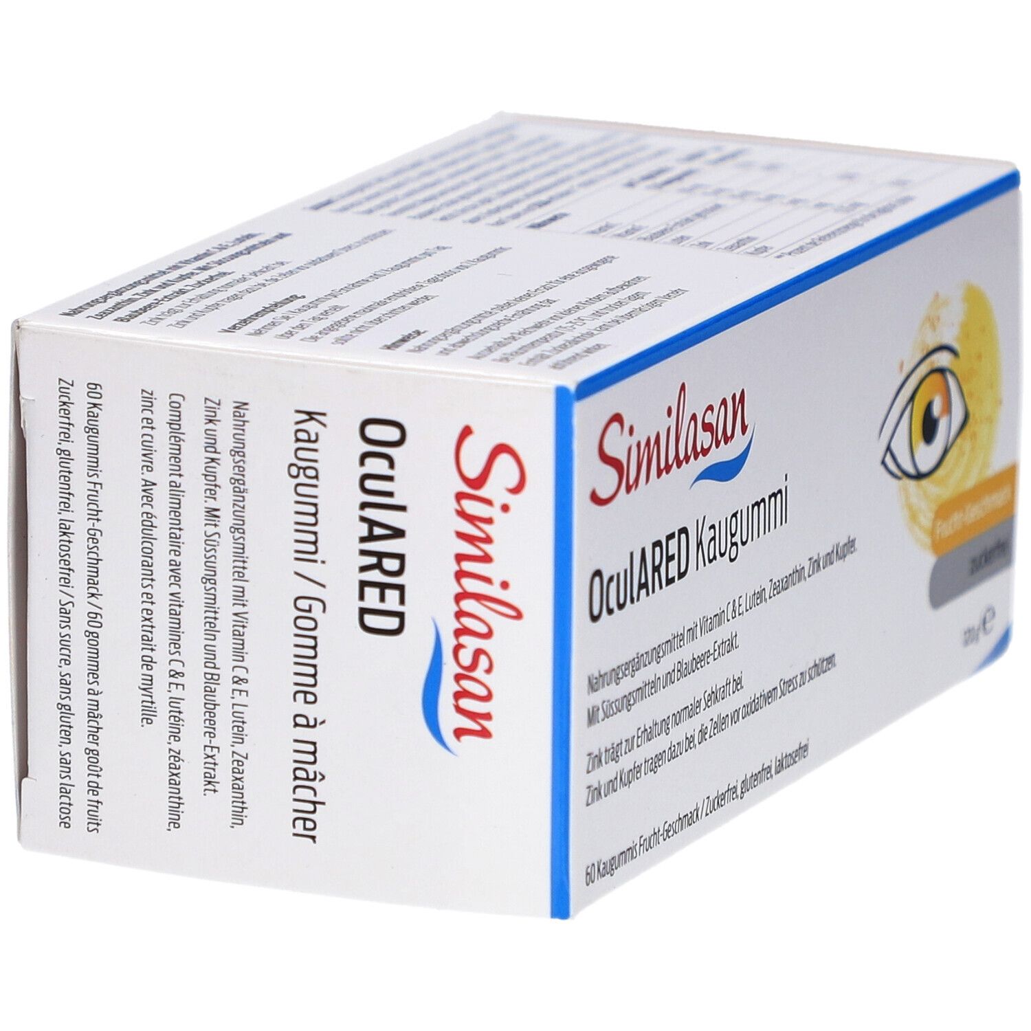Schachtel mit Similasan OculARED Kaugummi. Aufdruck: Auge, Frucht-Geschmack, zuckerfrei. Text in Deutsch und Französisch.