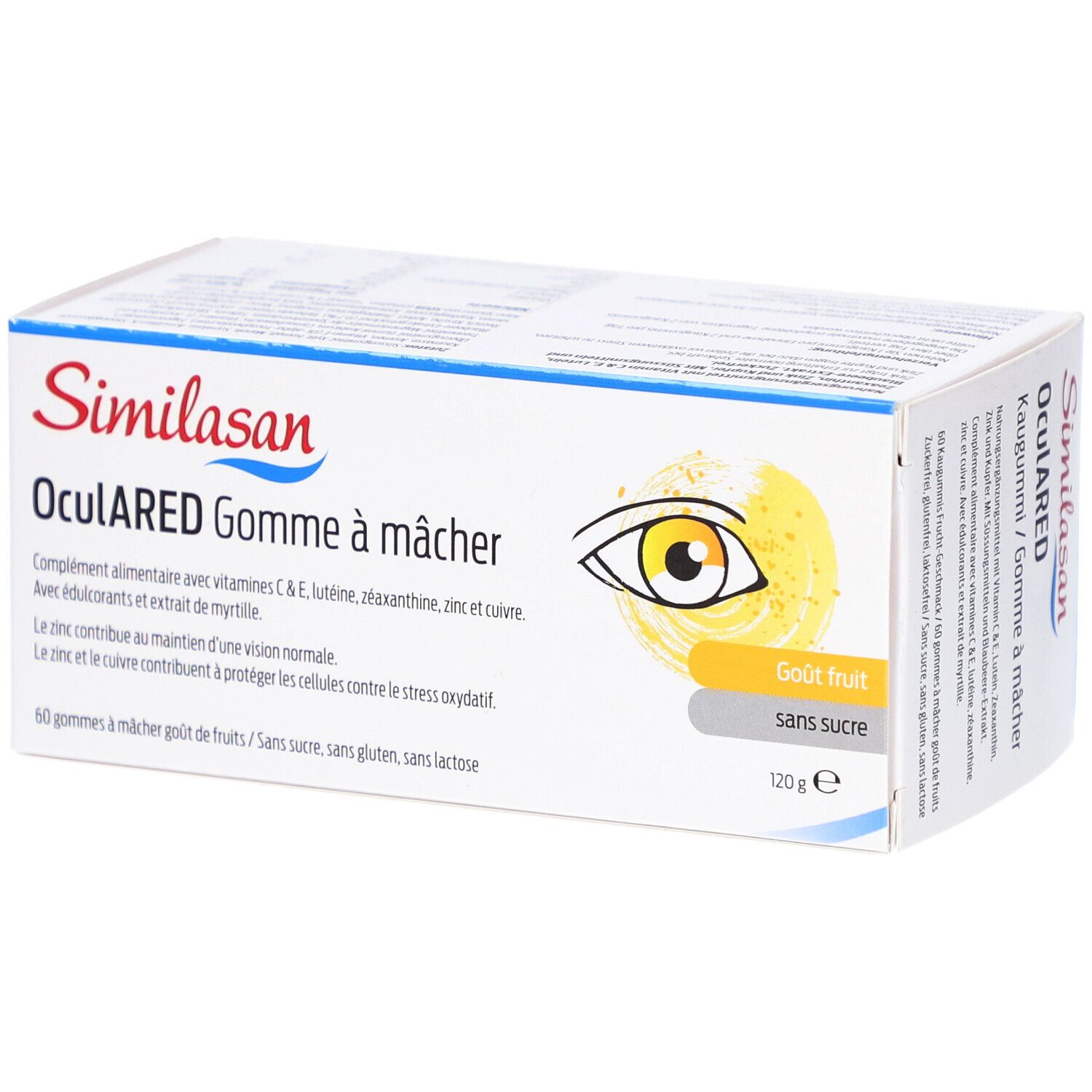 Schachtel mit Similasan OculARED Gomme à mâcher. Aufdruck: Auge, Geschmack, ohne Zucker. Text in Deutsch und Französisch.