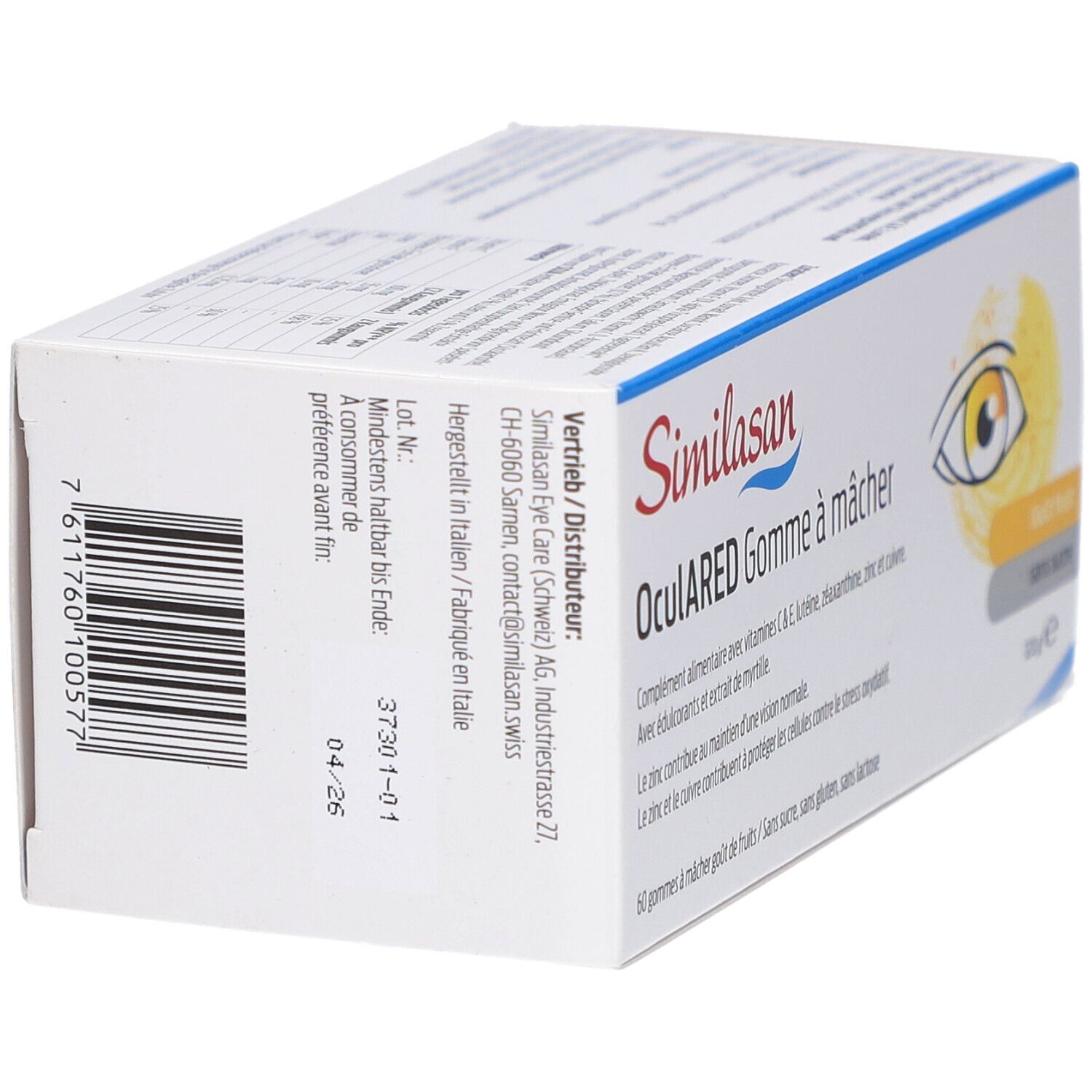 Schachtel mit Similasan OculARED Gomme à mâcher. Aufdruck: Auge, Geschmack, ohne Zucker. Text in Deutsch und Französisch.