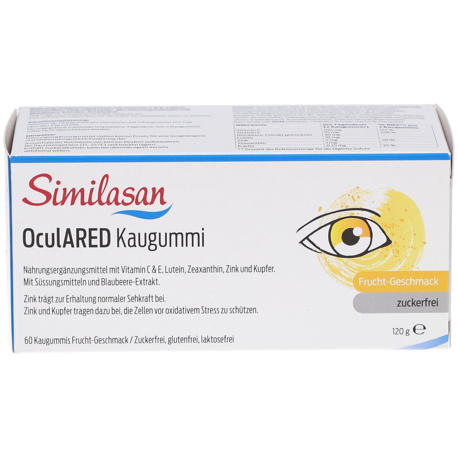 Schachtel mit Similasan OculARED Kaugummi. Aufdruck: Auge, Frucht-Geschmack, zuckerfrei. 120g.
