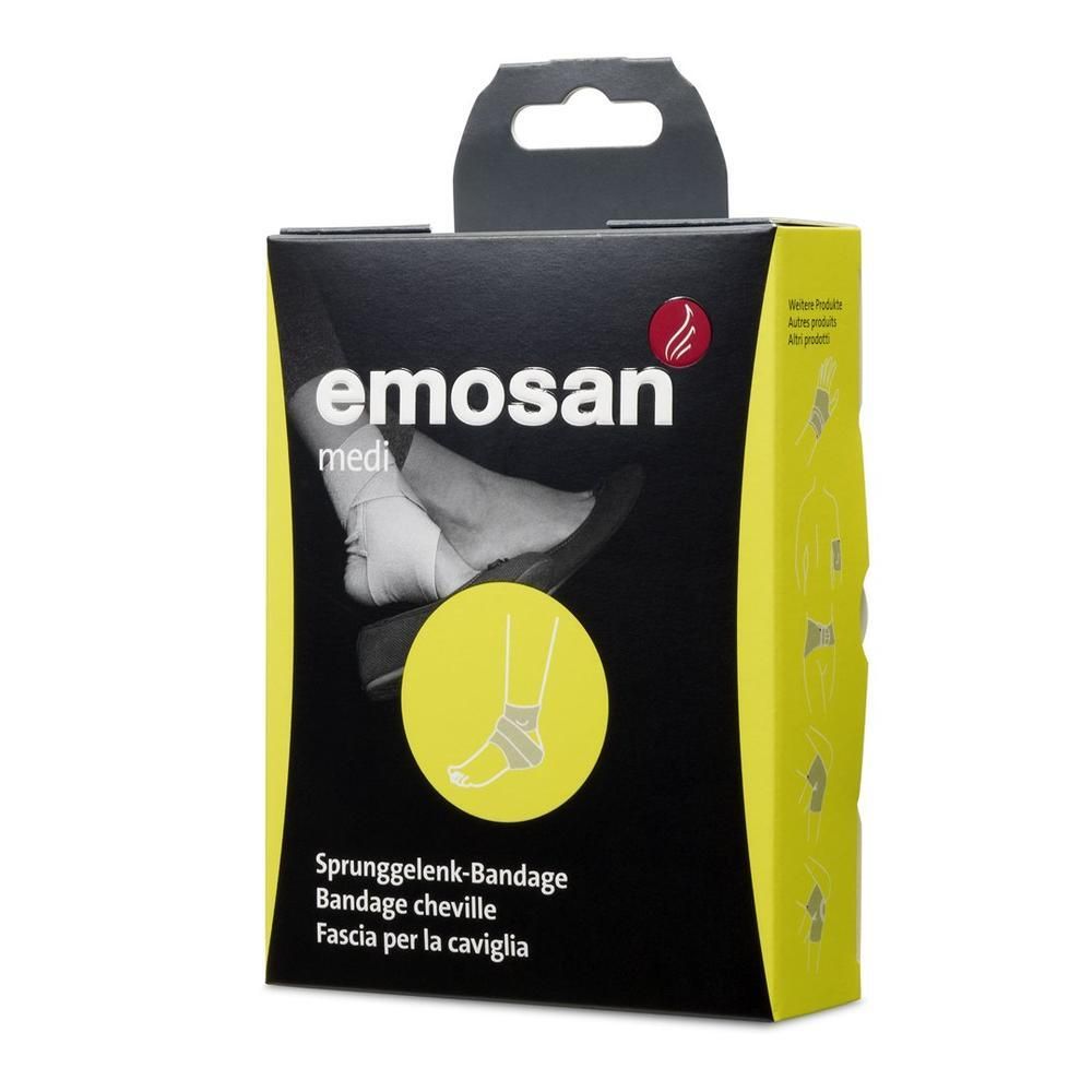Schwarze Verpackung mit Produktabbildung und Schriftzug EMOSAN medi. Enthält eine Knöchelbandage. Gelber Akzent.