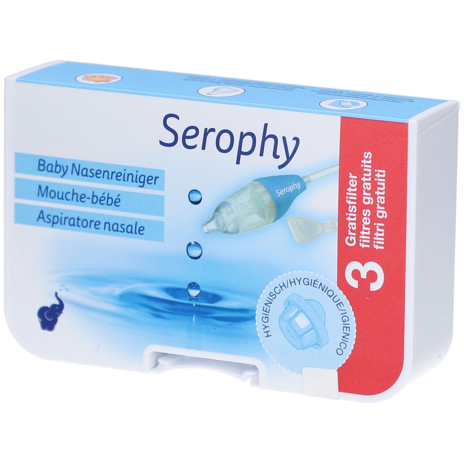 Verpackung von Serophy Nasenreiniger für Kinder. Enthält 3 Filter. Produktname und Logo sichtbar. Blisterverpackung.