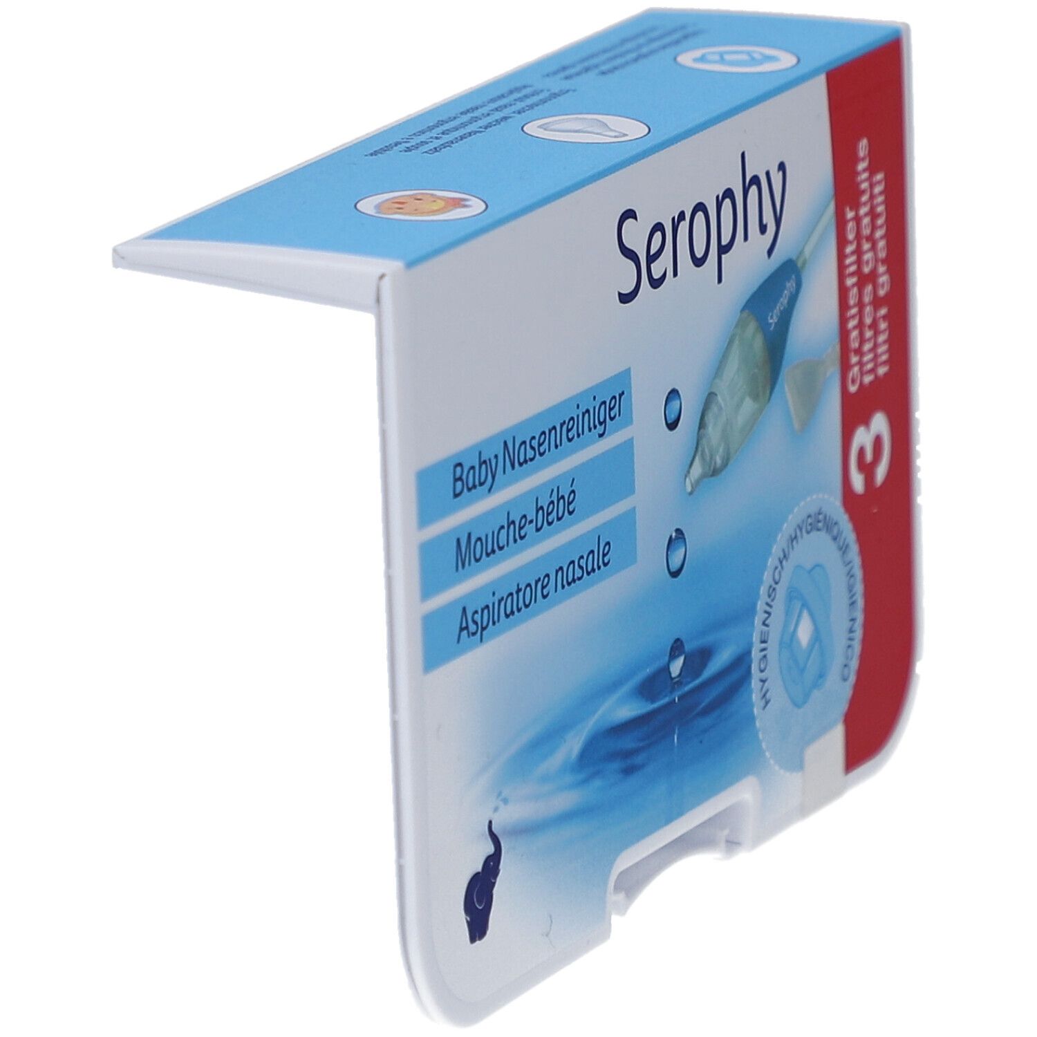Verpackung von Serophy Nasenreiniger für Kinder. Enthält 3 Filter. Produktname und Logo sichtbar. Blisterverpackung.