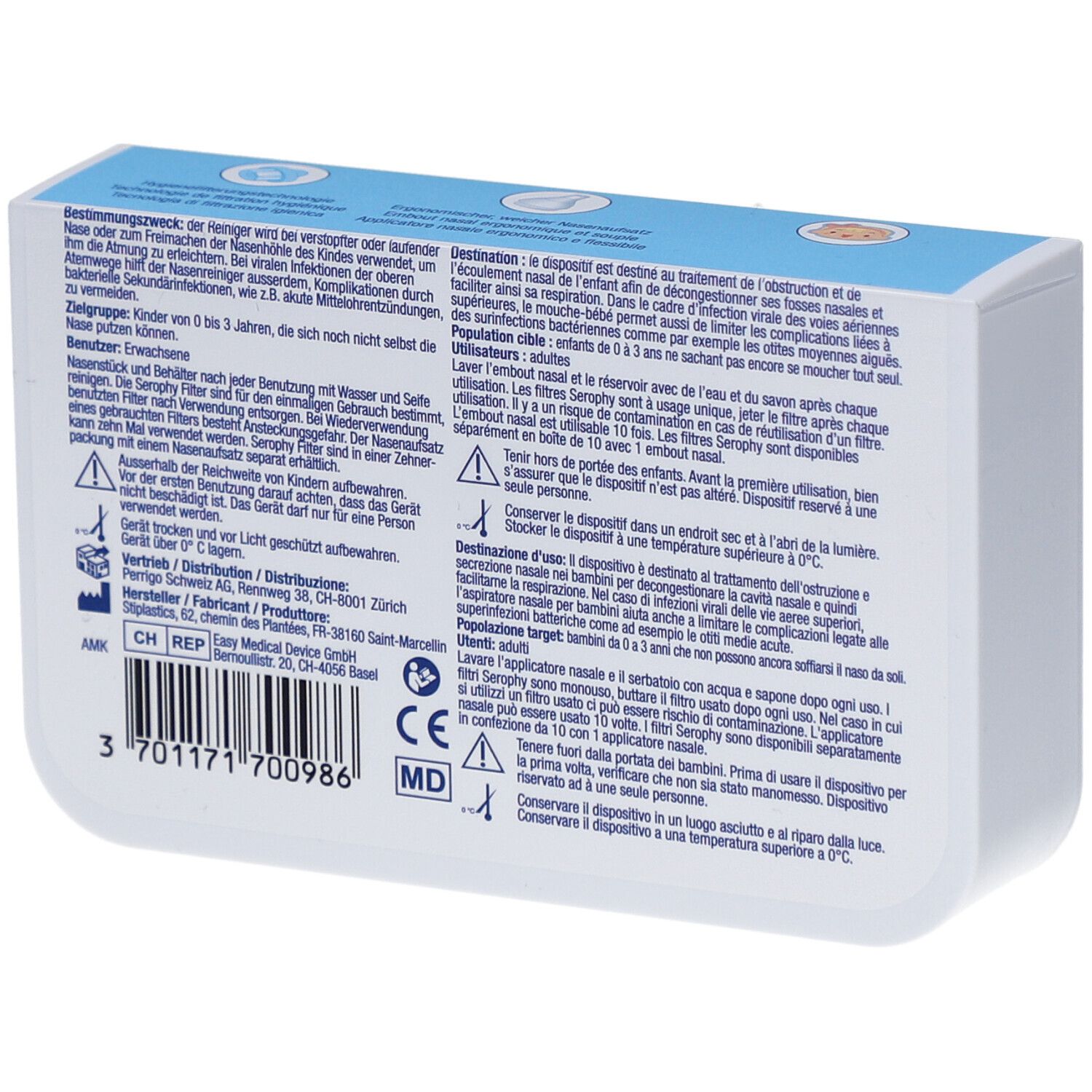 Rückseite der Verpackung von Serophy Nasenreiniger für Kinder. Text in Deutsch, Französisch und Italienisch. Barcode.