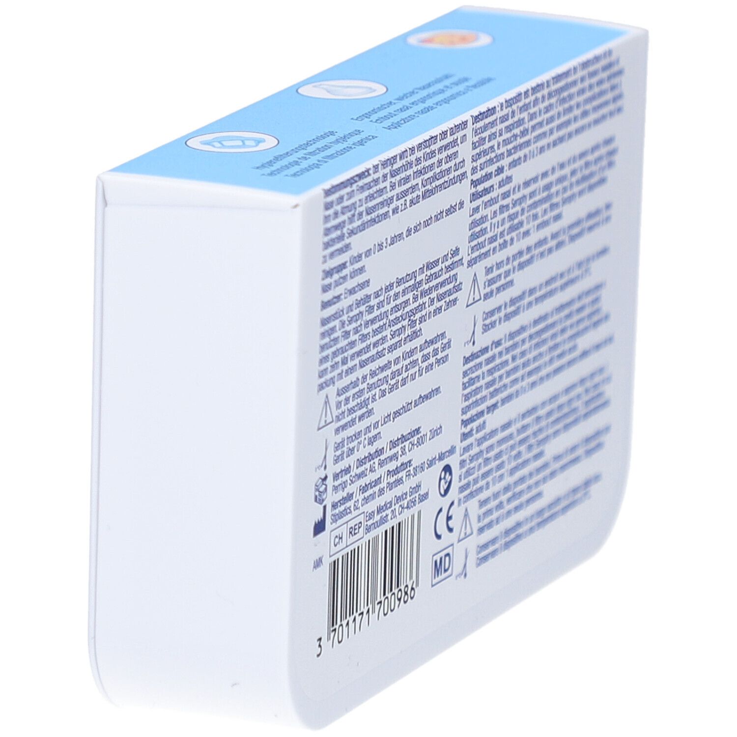 Oberseite der Verpackung von Serophy Nasenreiniger für Kinder. Text in Deutsch, Französisch und Italienisch. Barcode.