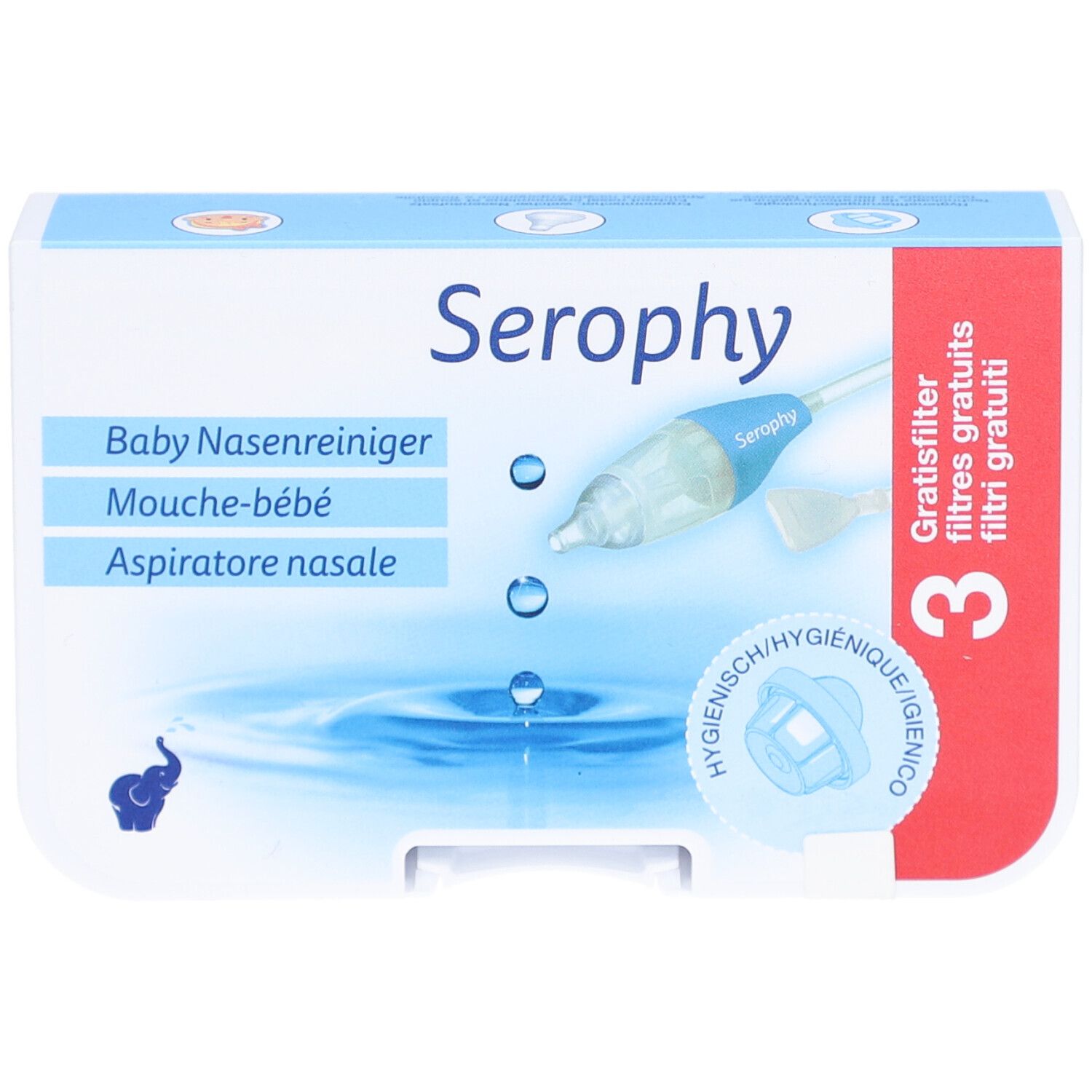 Verpackung von Serophy Nasenreiniger für Kinder. Enthält 3 Filter. Produktname und Logo sichtbar. Blisterverpackung.