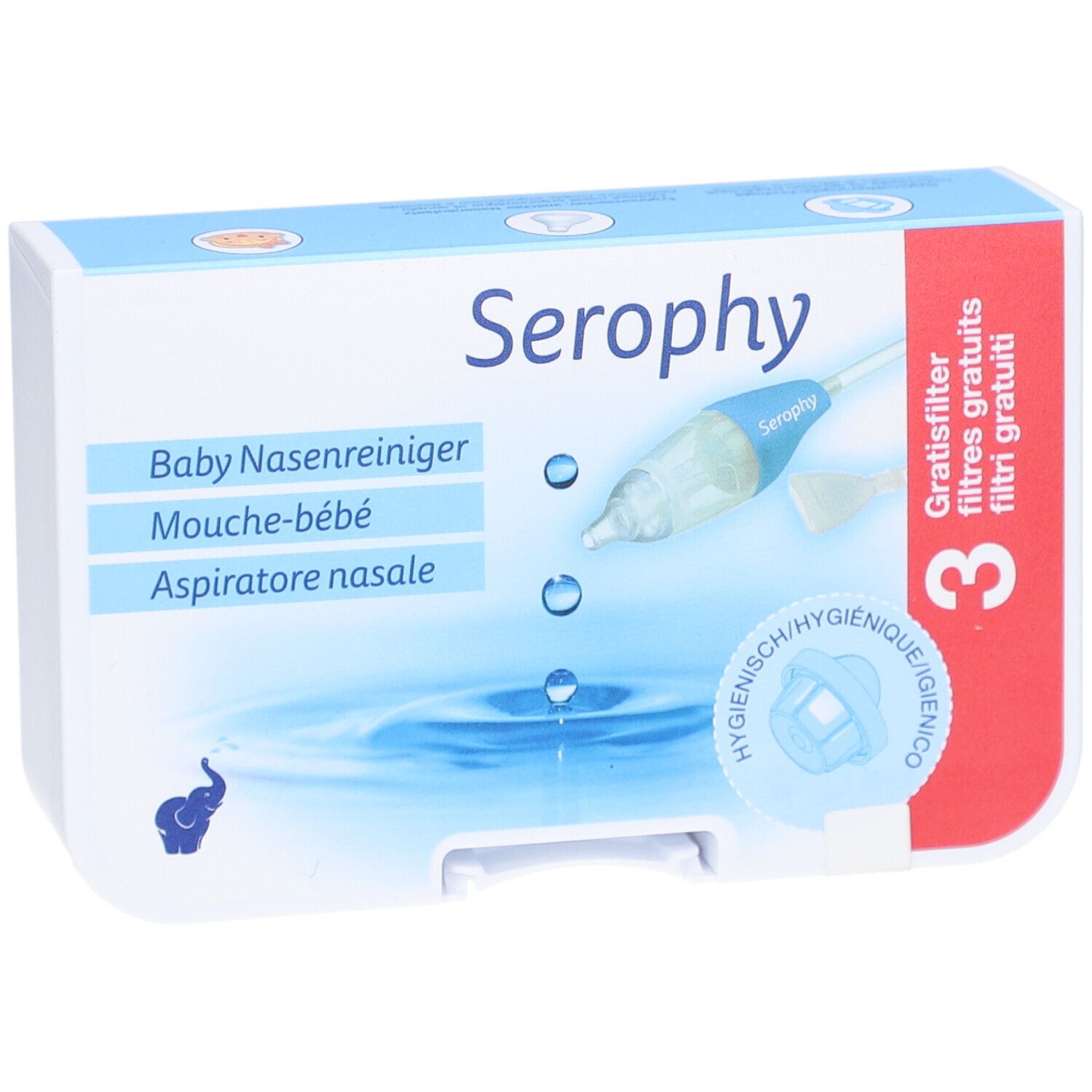 Verpackung von Serophy Nasenreiniger für Kinder. Enthält 3 Filter. Produktname und Logo sichtbar. Blisterverpackung.