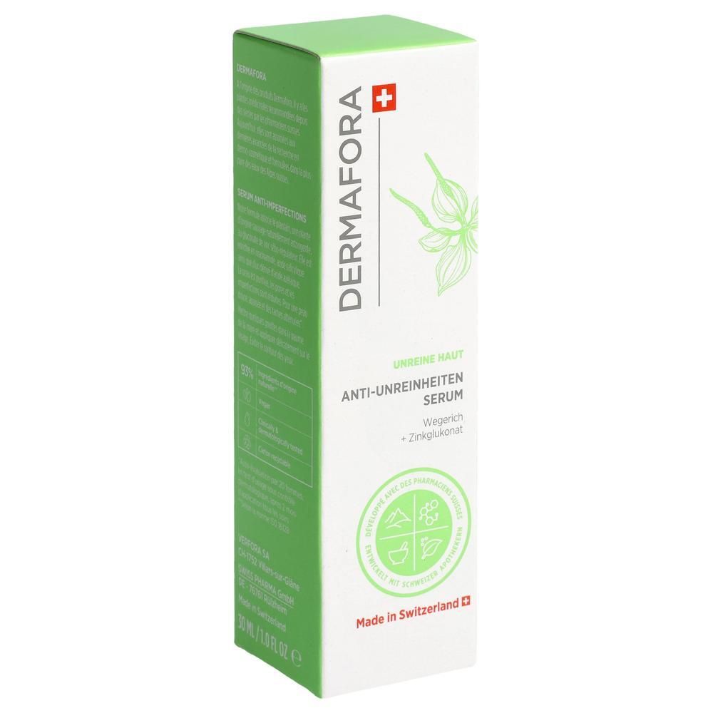 Weiße, grüne Produktverpackung. Text: DERMAFORA, Anti-Unreinheiten Serum. Schweizer Kreuz. Pflanze- und Zink-Symbol.