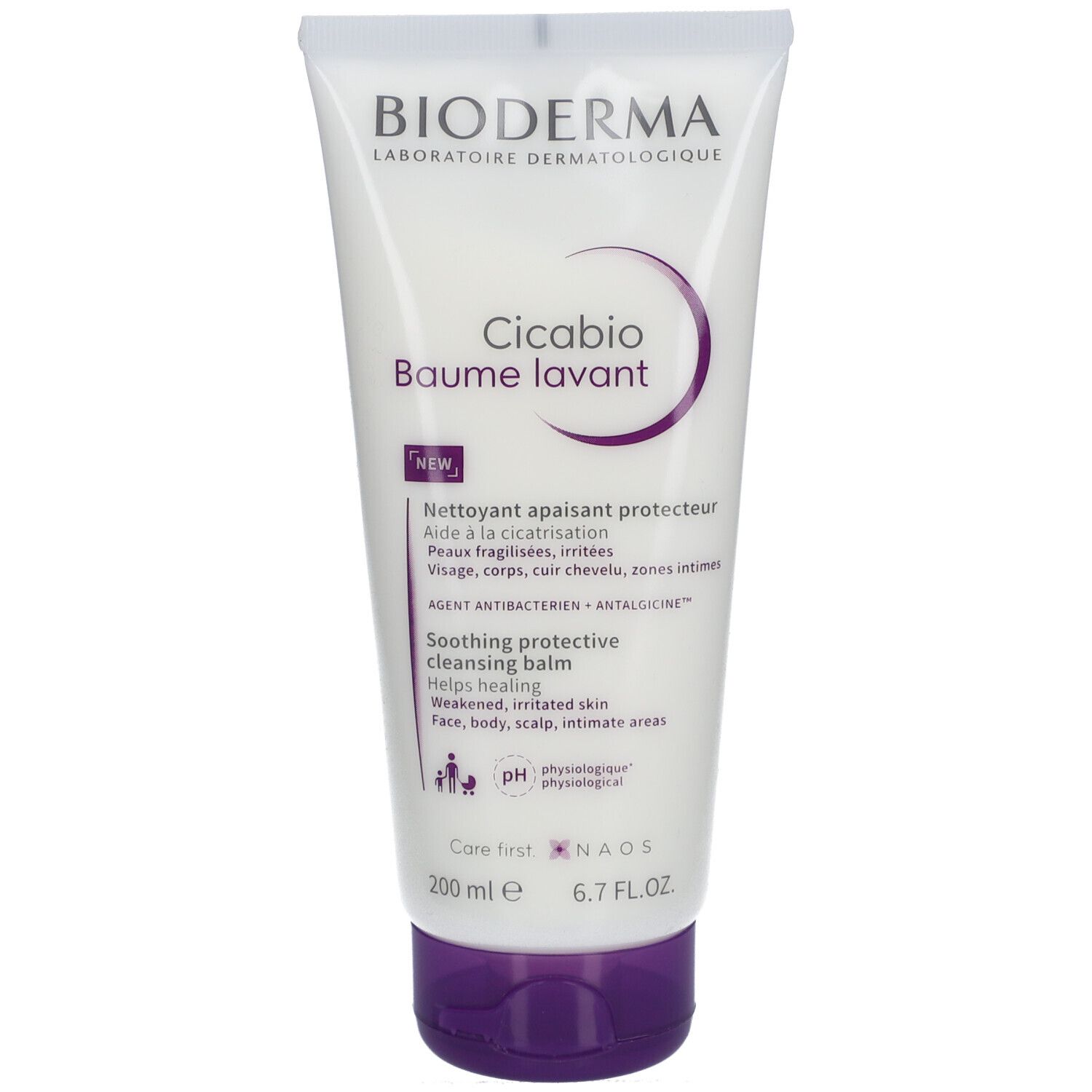Weiß-violette Tube. Aufschrift: Bioderma, Cicabio Baume lavant. Reinigender Balsam für empfindliche Haut. 200 ml.