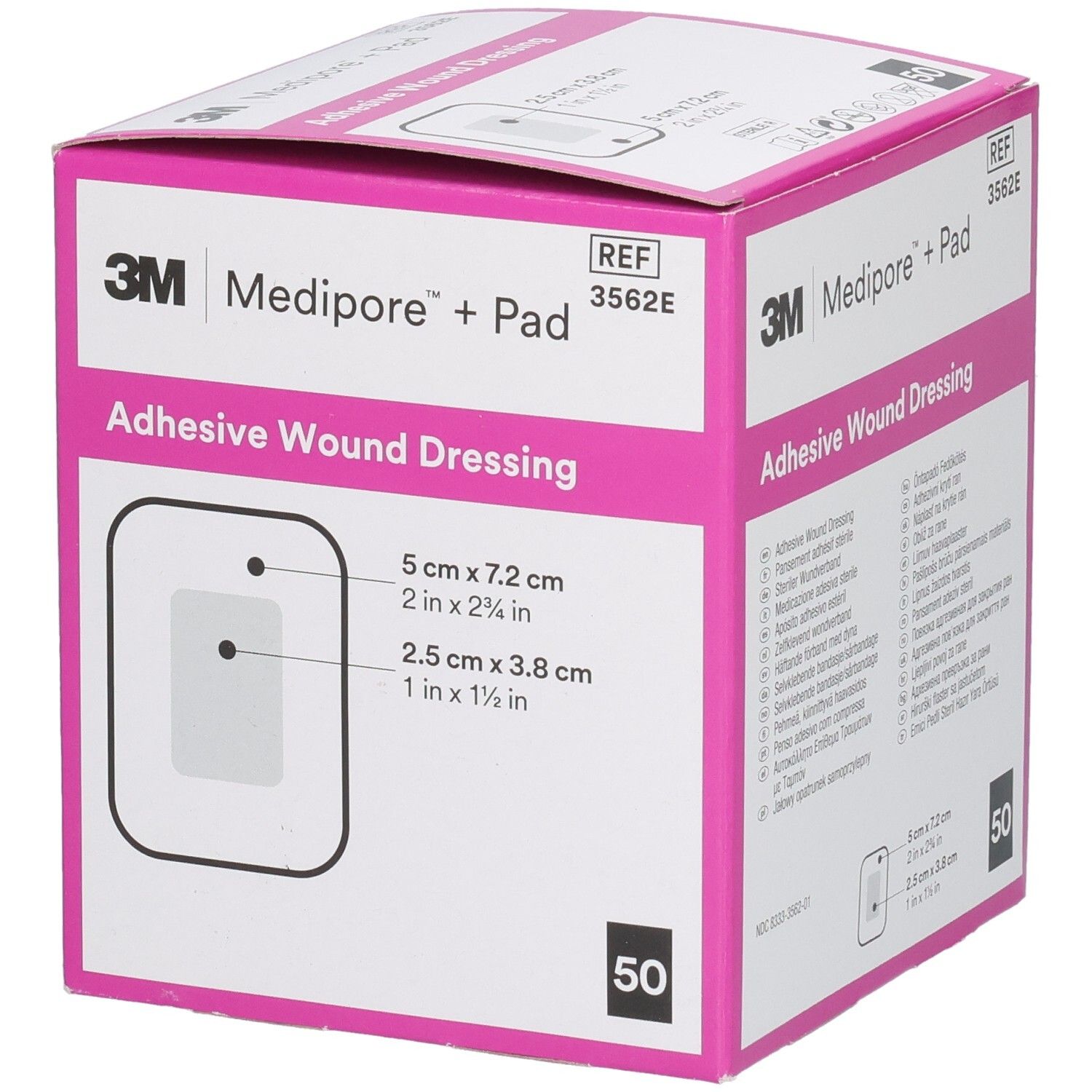 3M Medipore+Pad Box. Rosa-weiße Verpackung. Aufdruck: Adhesive Wound Dressing, 50 Stück. Maße: 5x7.2cm und 2.5x3.8cm.