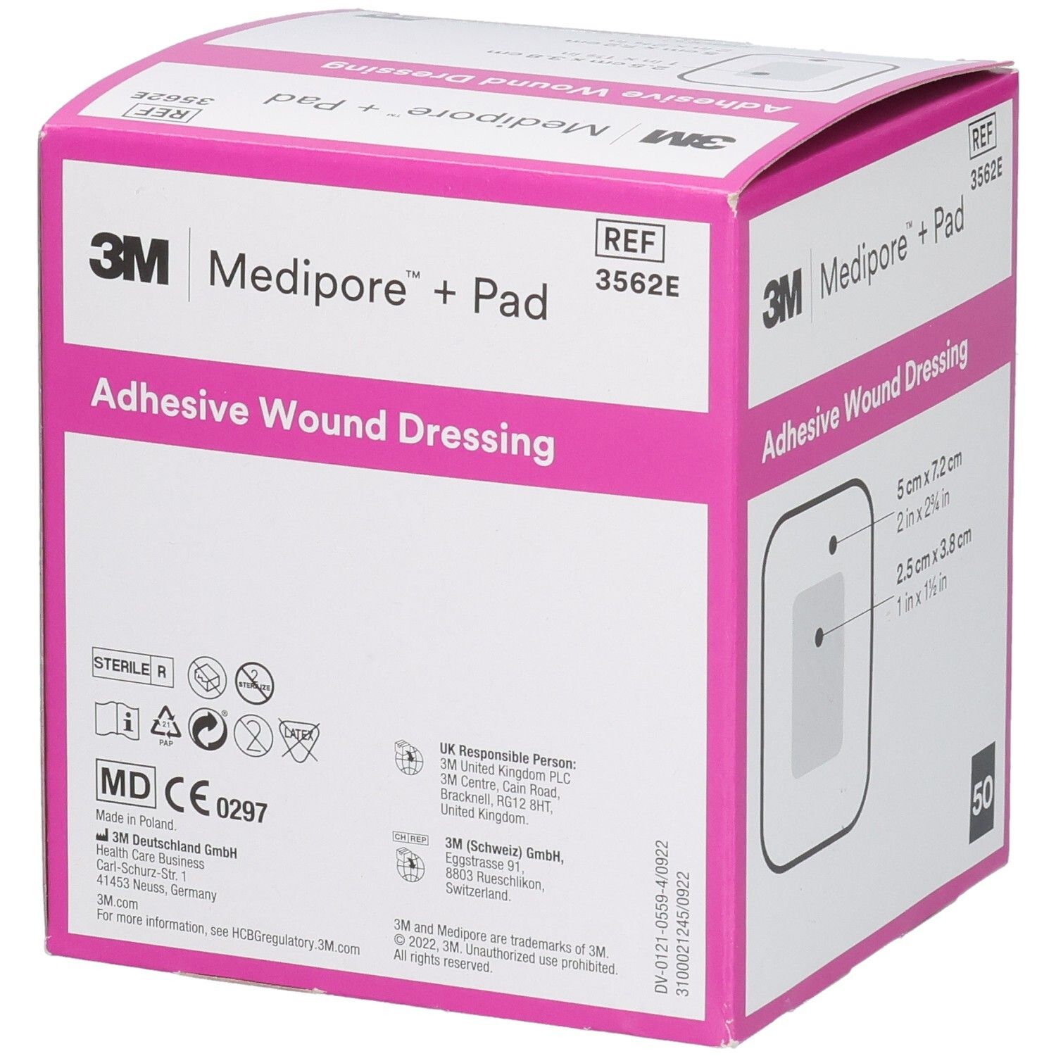 3M Medipore+Pad Box. Rosa-weiße Verpackung. Aufdruck: Adhesive Wound Dressing, 50 Stück. Mit CE-Kennzeichnung.