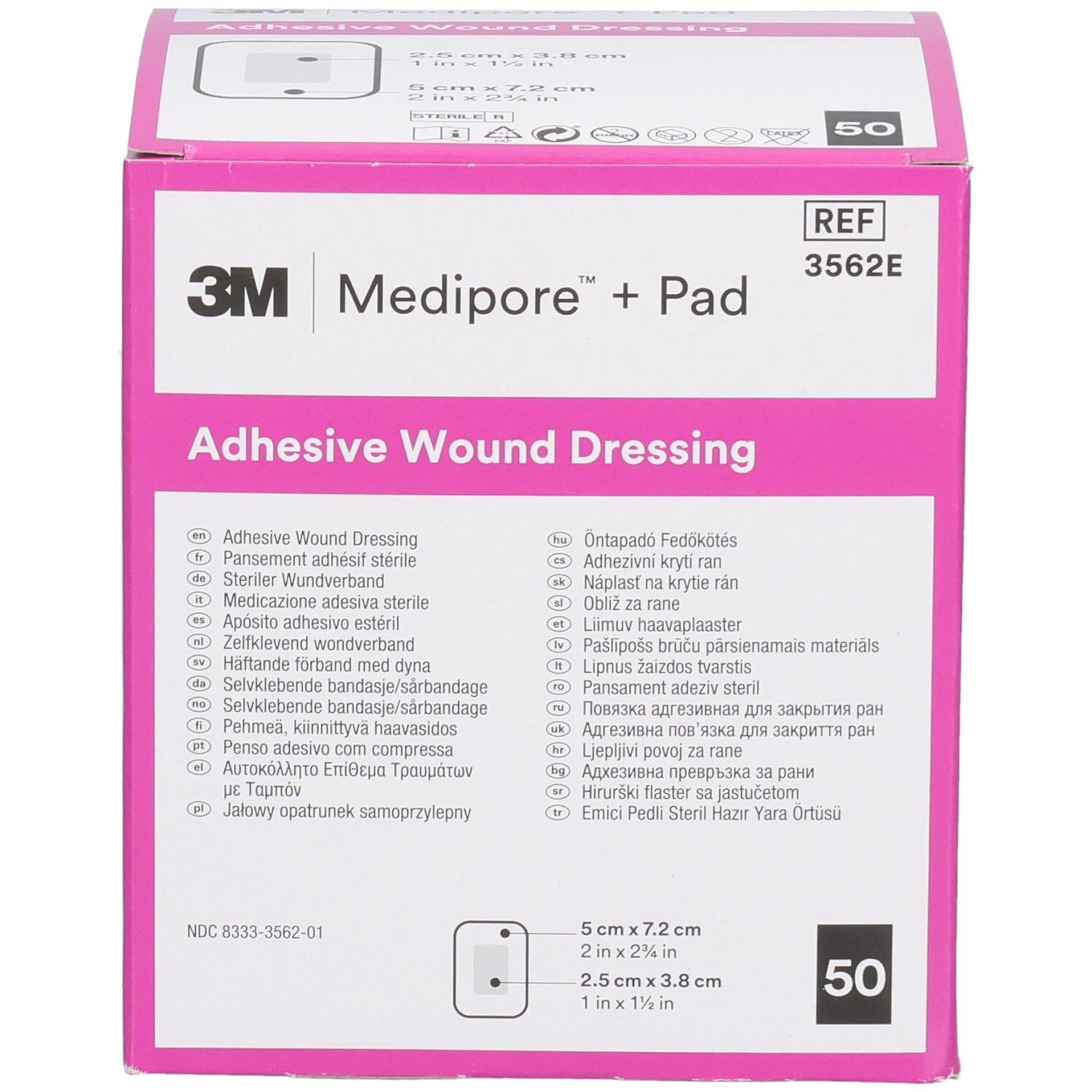 3M Medipore+Pad Box. Rosa-weiße Verpackung. Aufdruck: Adhesive Wound Dressing, 50 Stück. Maße: 5x7.2cm und 2.5x3.8cm.