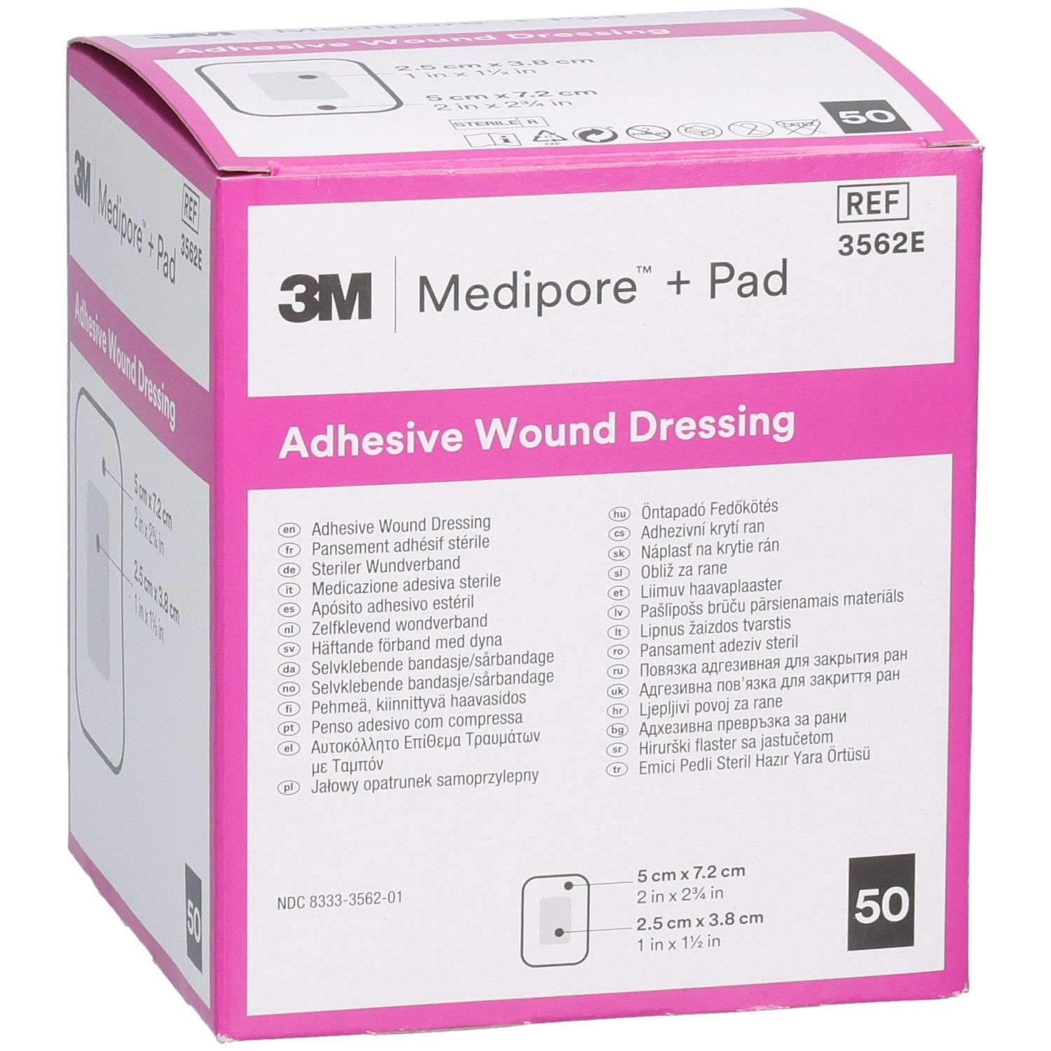 3M Medipore+Pad Box. Rosa-weiße Verpackung. Aufdruck: Adhesive Wound Dressing, 50 Stück. Maße: 5x7.2cm und 2.5x3.8cm.