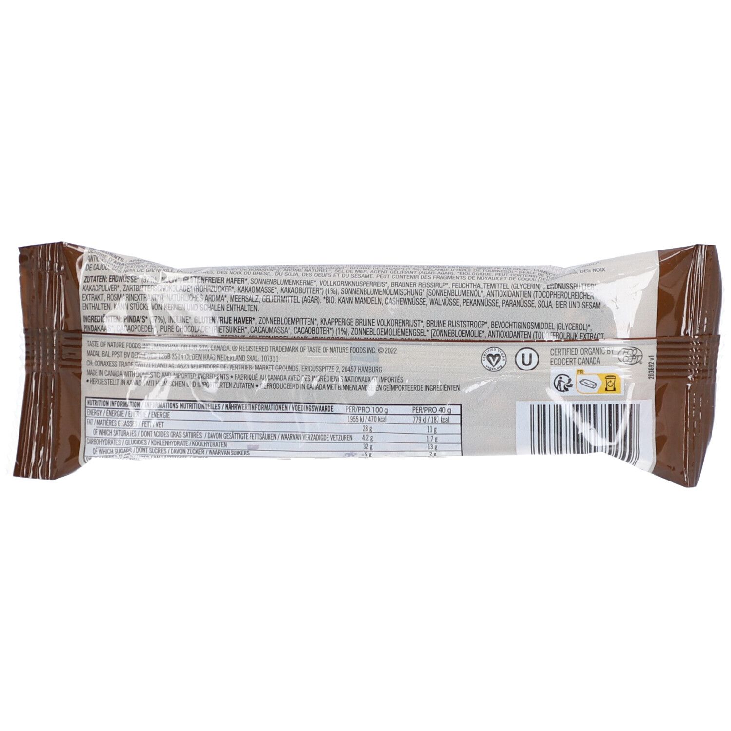 Rückseite der Riegelverpackung. Text und Nährwertangaben. Siegel und Barcode.