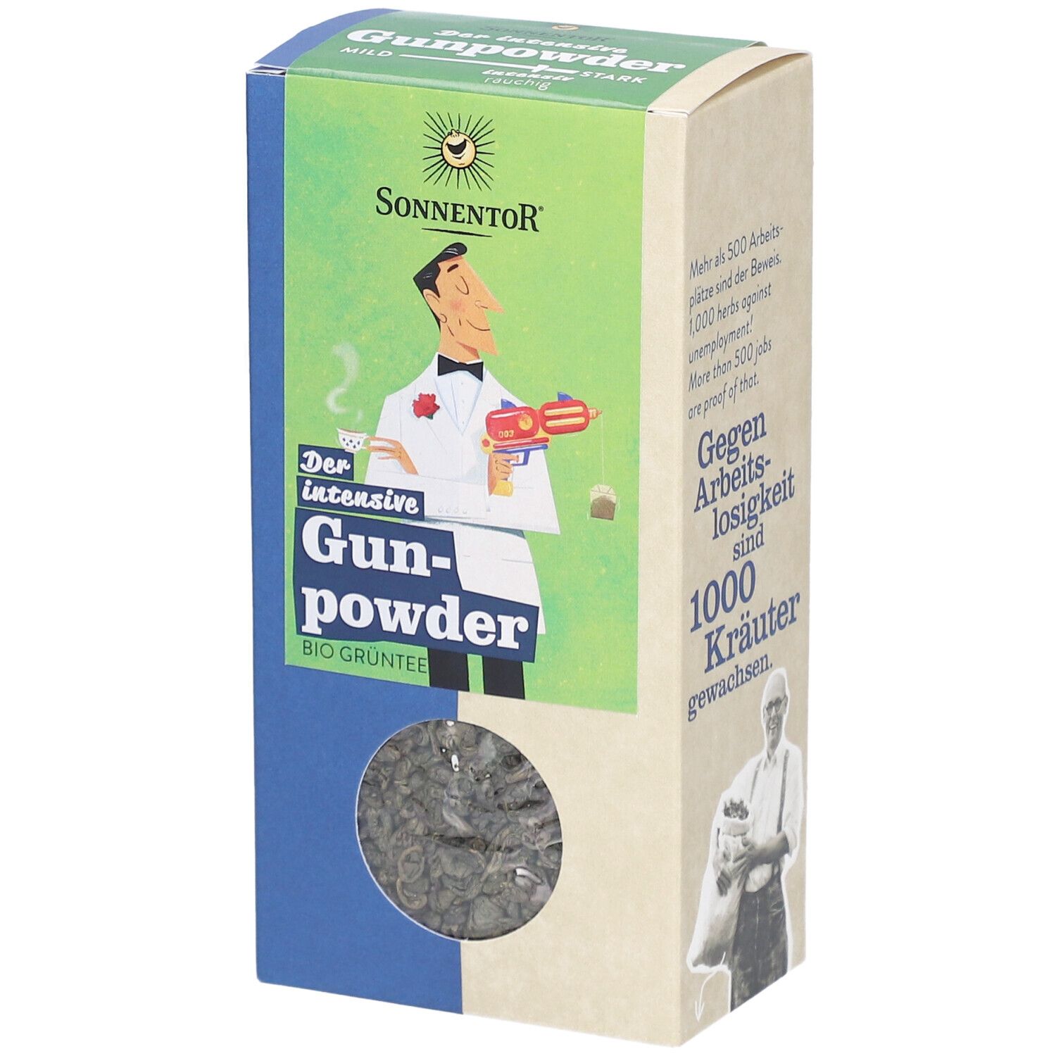 Kartonverpackung mit SONNENTOR® Gunpowder Tee. Sichtfenster zeigt grüne Teeblätter. Logo und Produktname deutlich sichtbar.