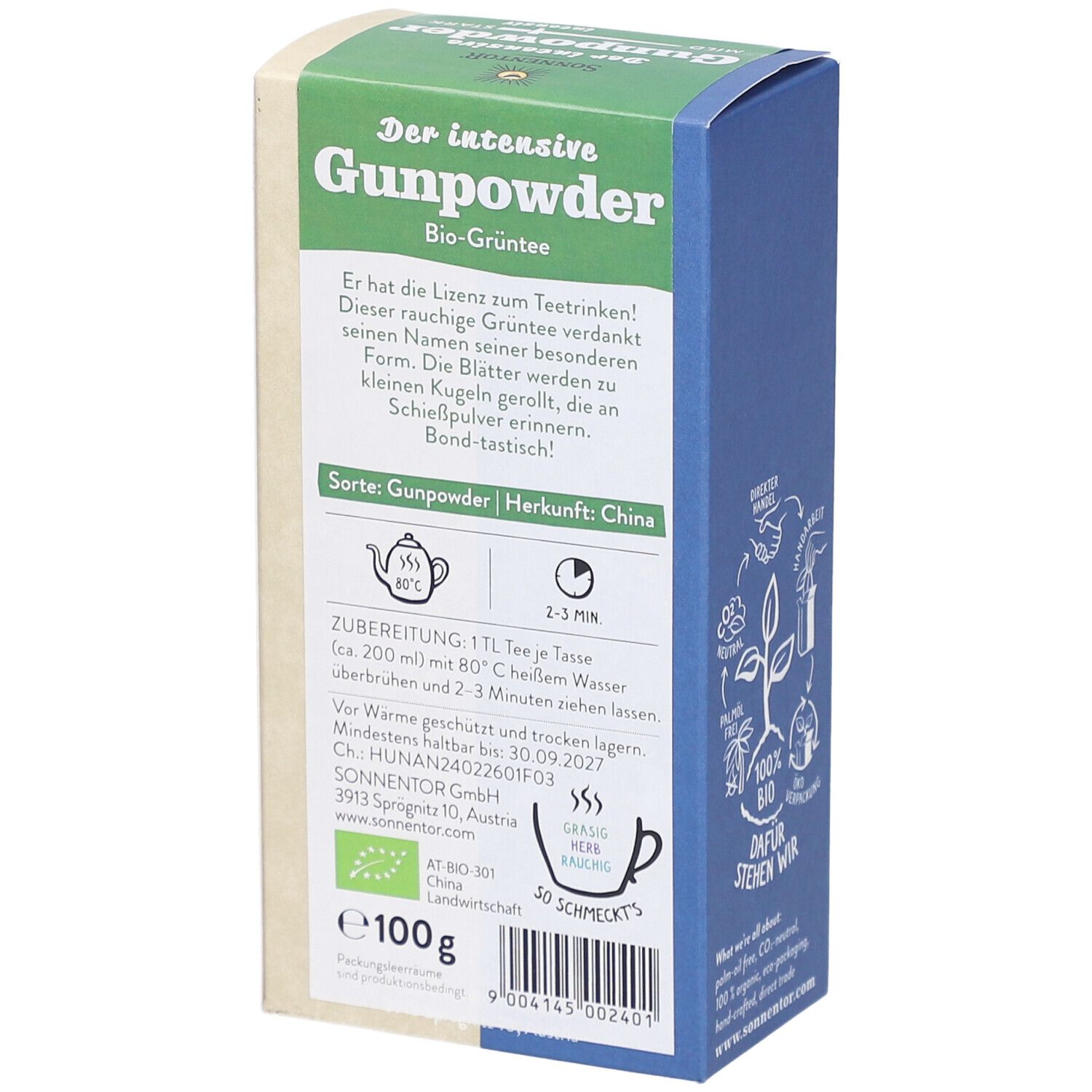 Rückseite der Tee-Verpackung mit Zubereitungshinweisen und Inhaltsangaben. Bio-Siegel und Chargennummer.